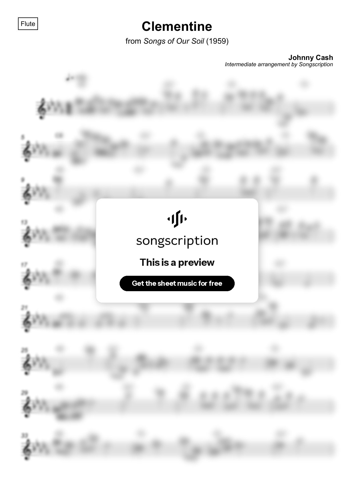 Intermediate Flute Sheet Music for "Clementine" by Johnny Cash