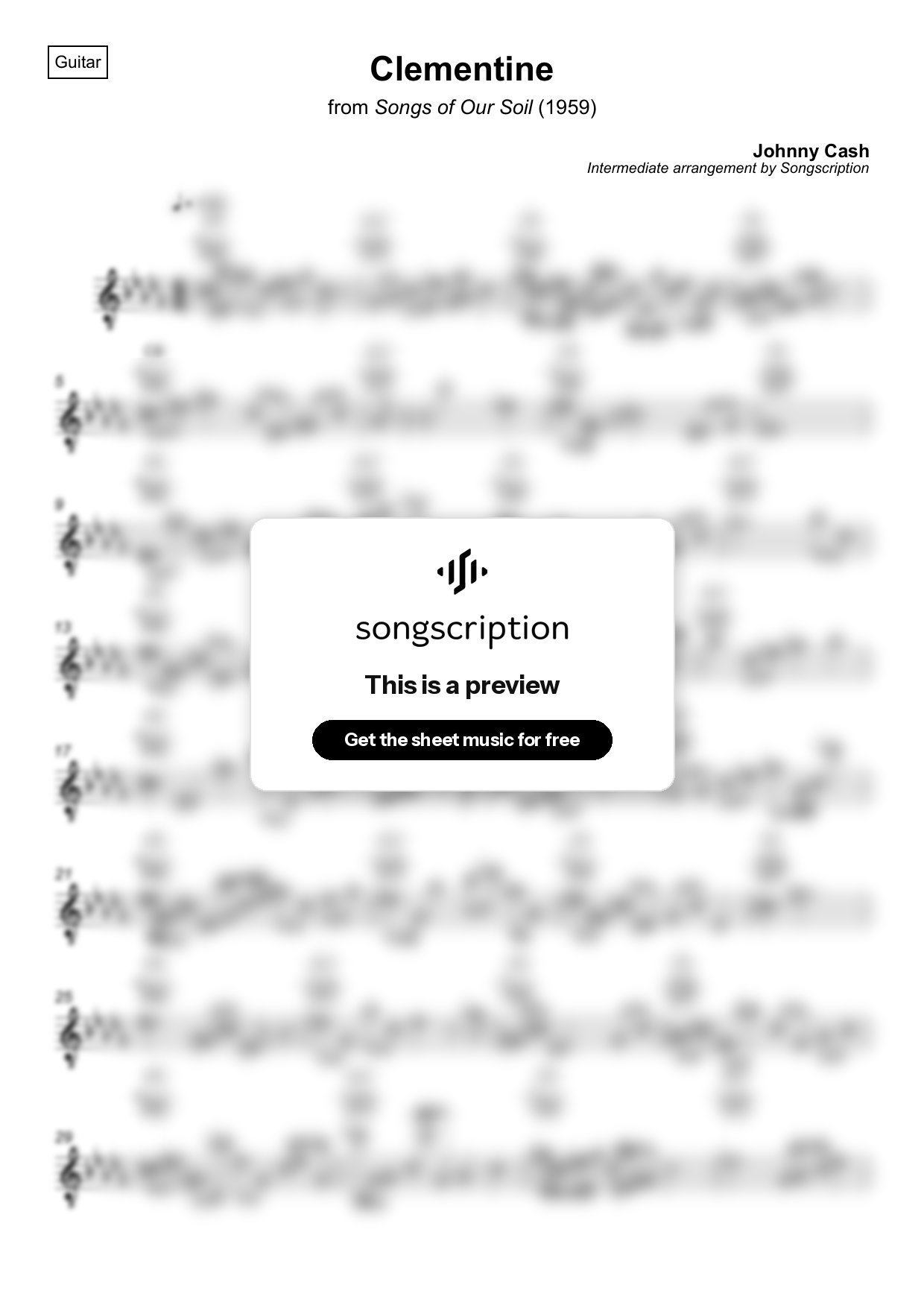 Intermediate Acoustic Guitar Sheet Music for "Clementine" by Johnny Cash