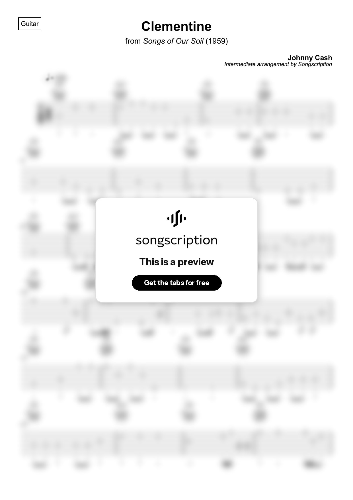 Intermediate Acoustic Guitar Tabs for "Clementine" by Johnny Cash