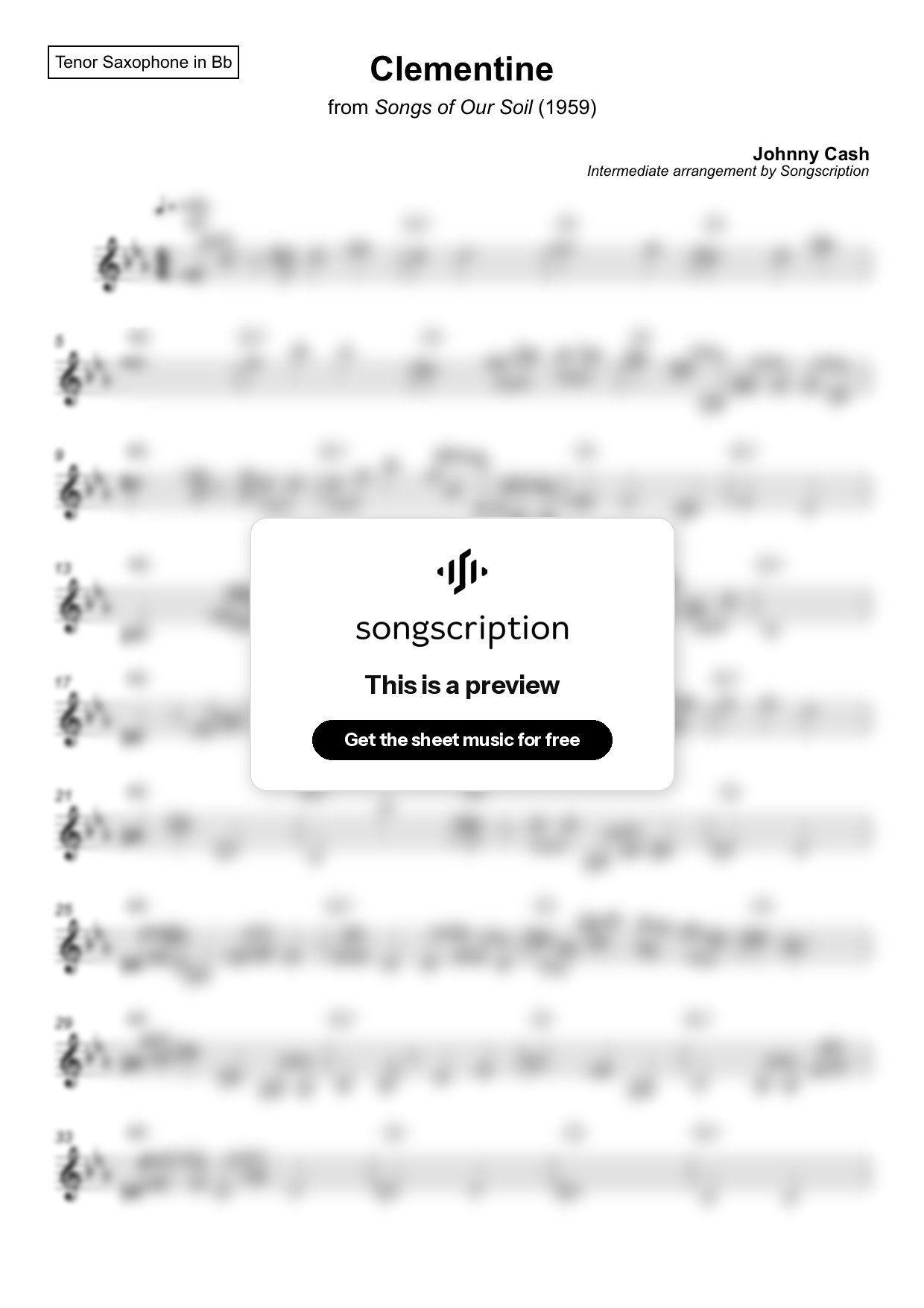 Intermediate Tenor Sax Sheet Music for "Clementine" by Johnny Cash