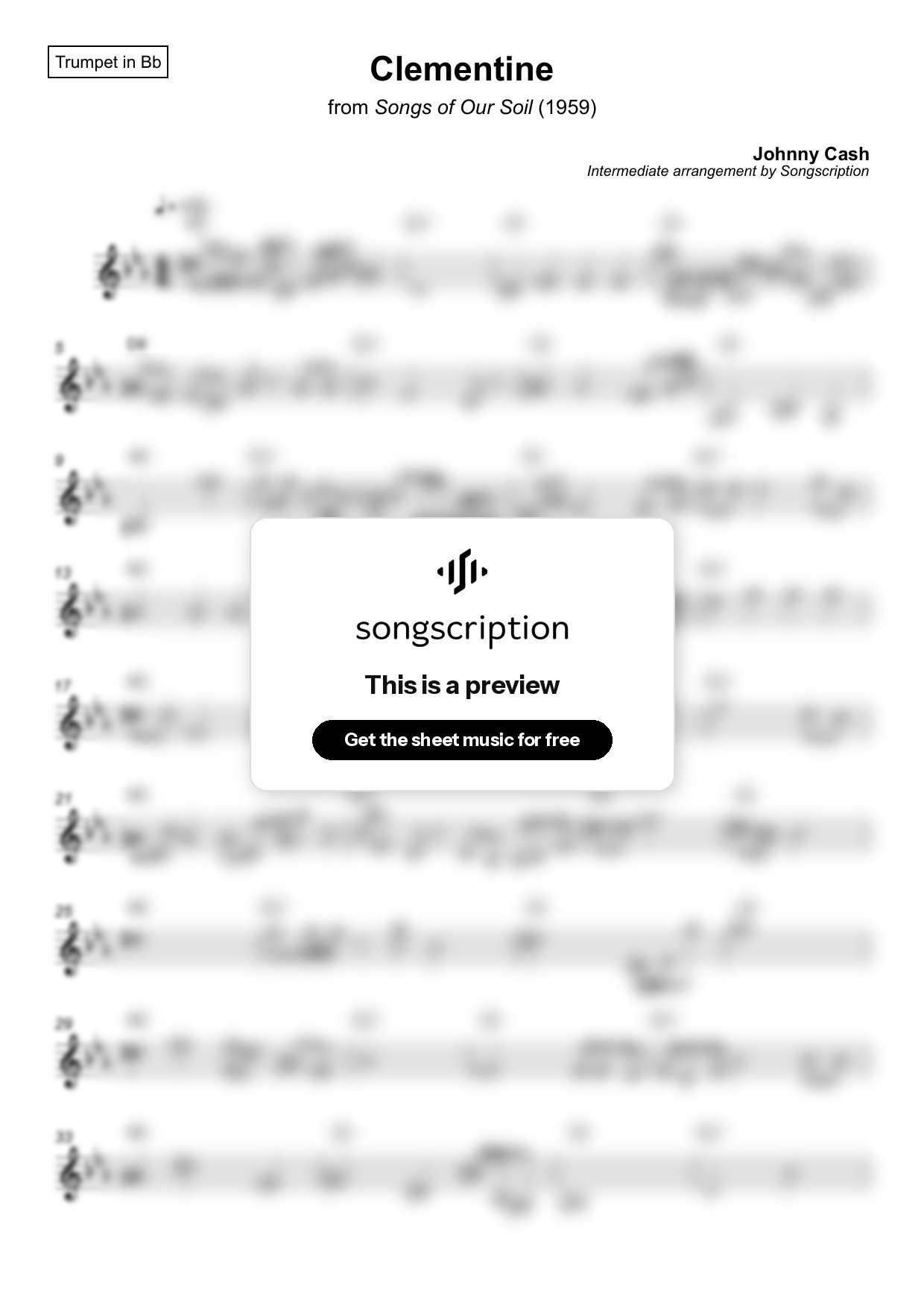 Intermediate Trumpet Sheet Music for "Clementine" by Johnny Cash