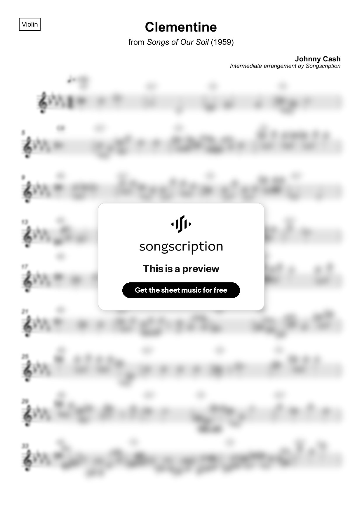 Intermediate Violin Sheet Music for "Clementine" by Johnny Cash