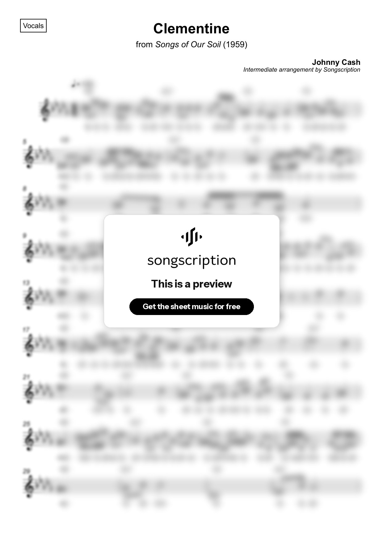 Intermediate Vocals Sheet Music for "Clementine" by Johnny Cash
