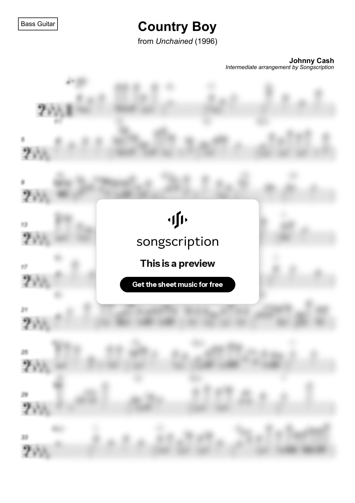 Intermediate Bass Guitar Sheet Music for "Country Boy" by Johnny Cash