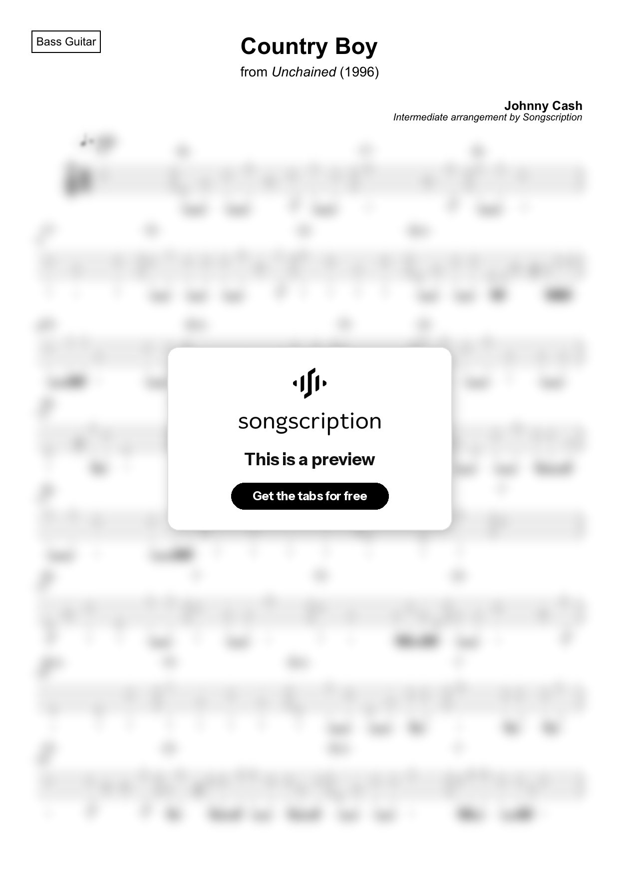 Intermediate Bass Guitar Tabs for "Country Boy" by Johnny Cash