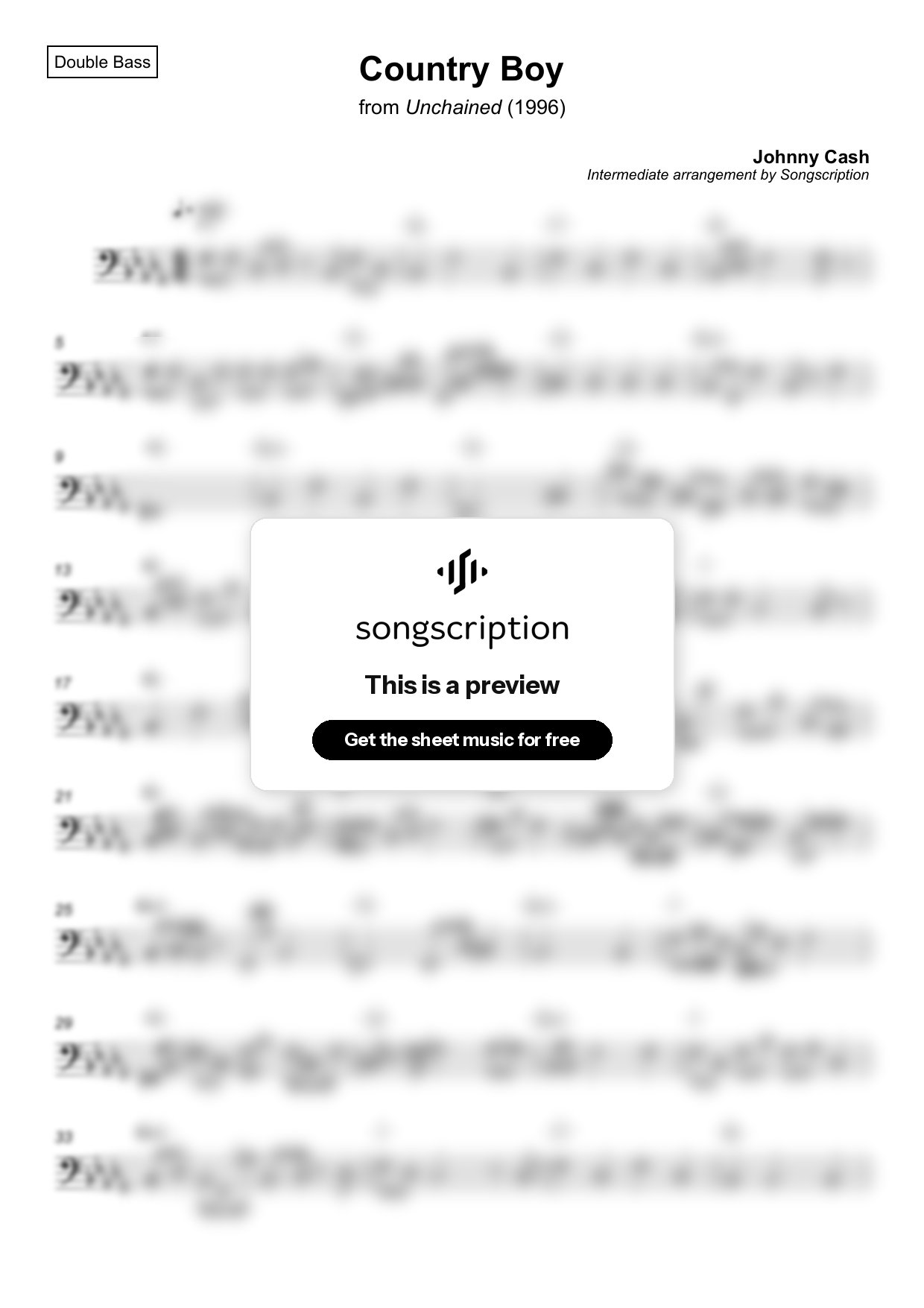 Intermediate Double Bass Sheet Music for "Country Boy" by Johnny Cash