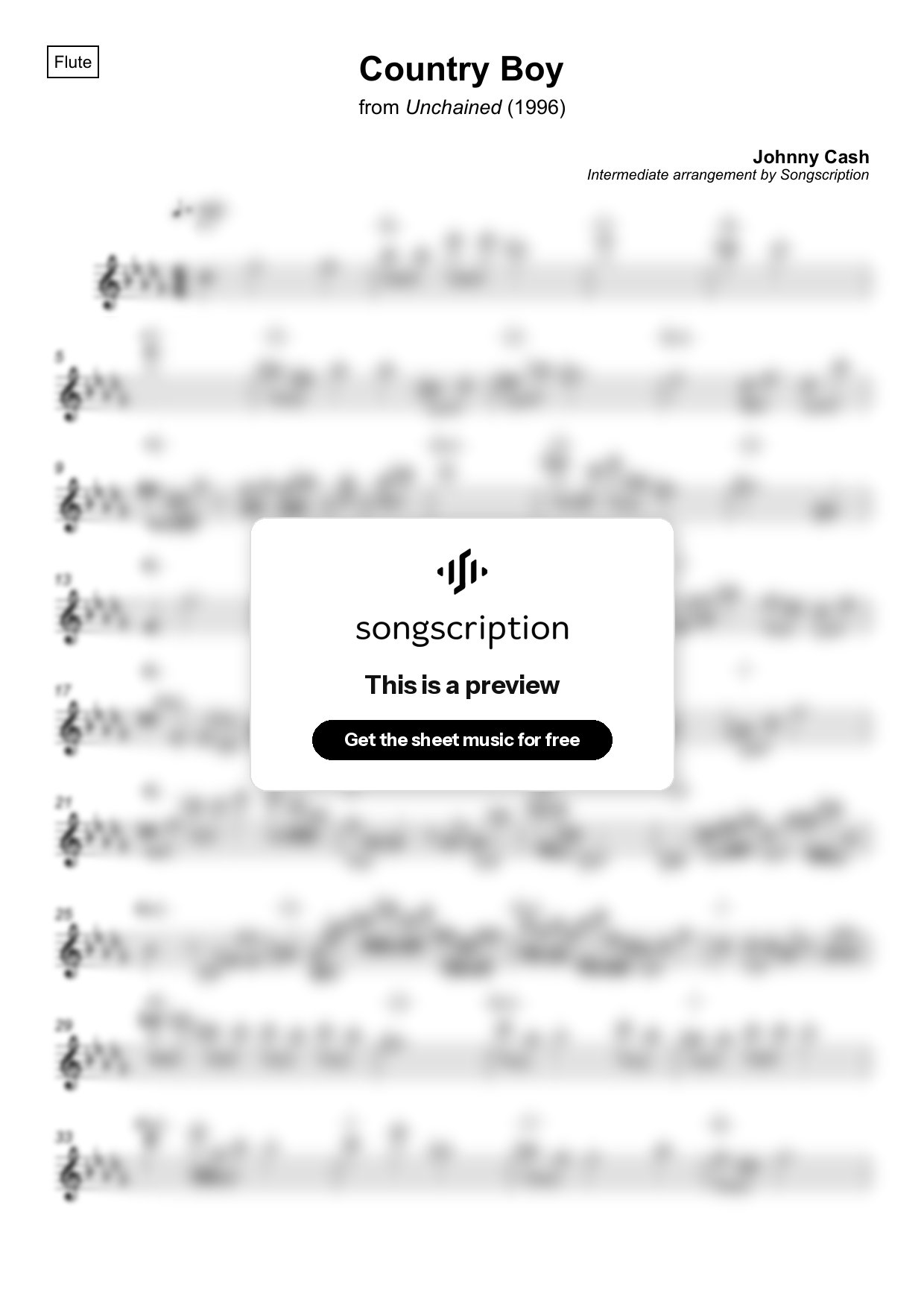 Intermediate Flute Sheet Music for "Country Boy" by Johnny Cash