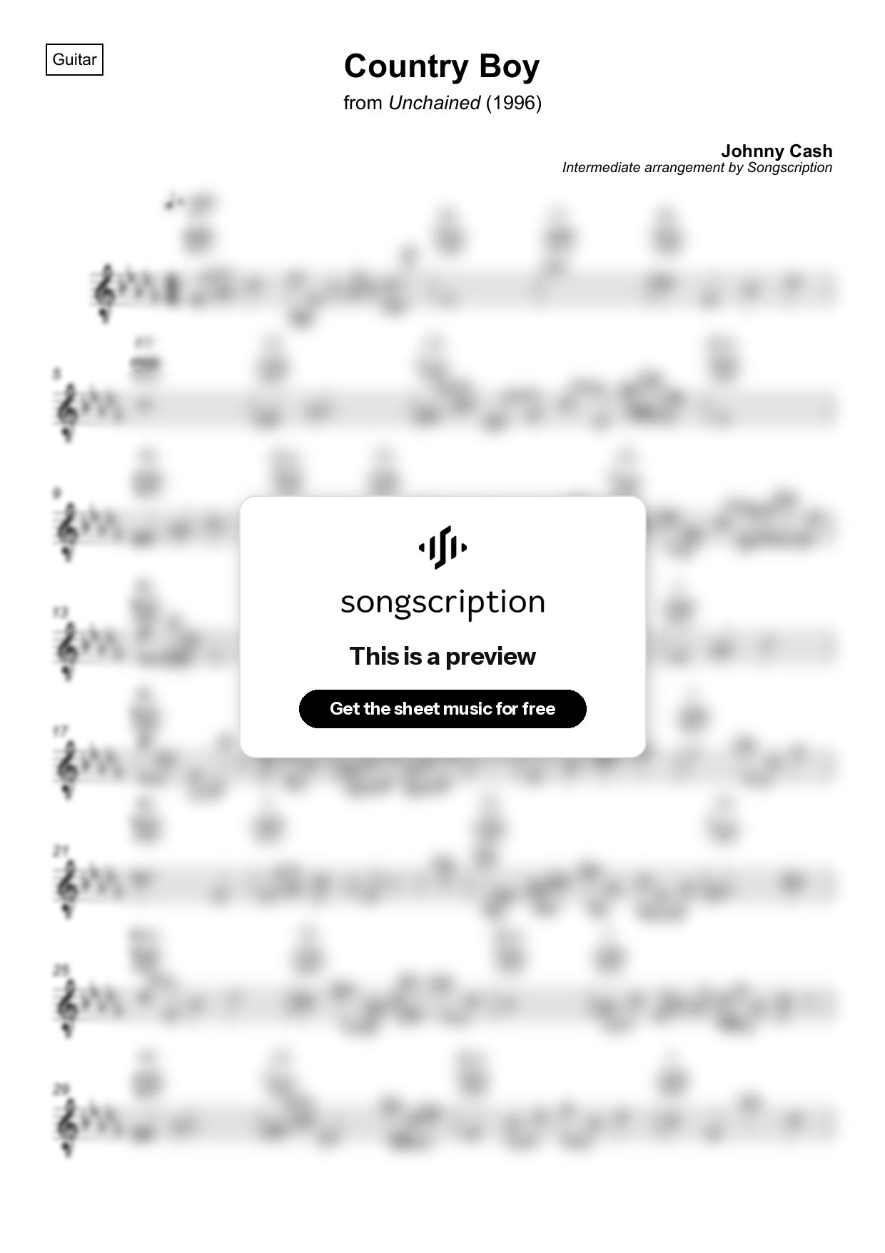 Intermediate Acoustic Guitar Sheet Music for "Country Boy" by Johnny Cash