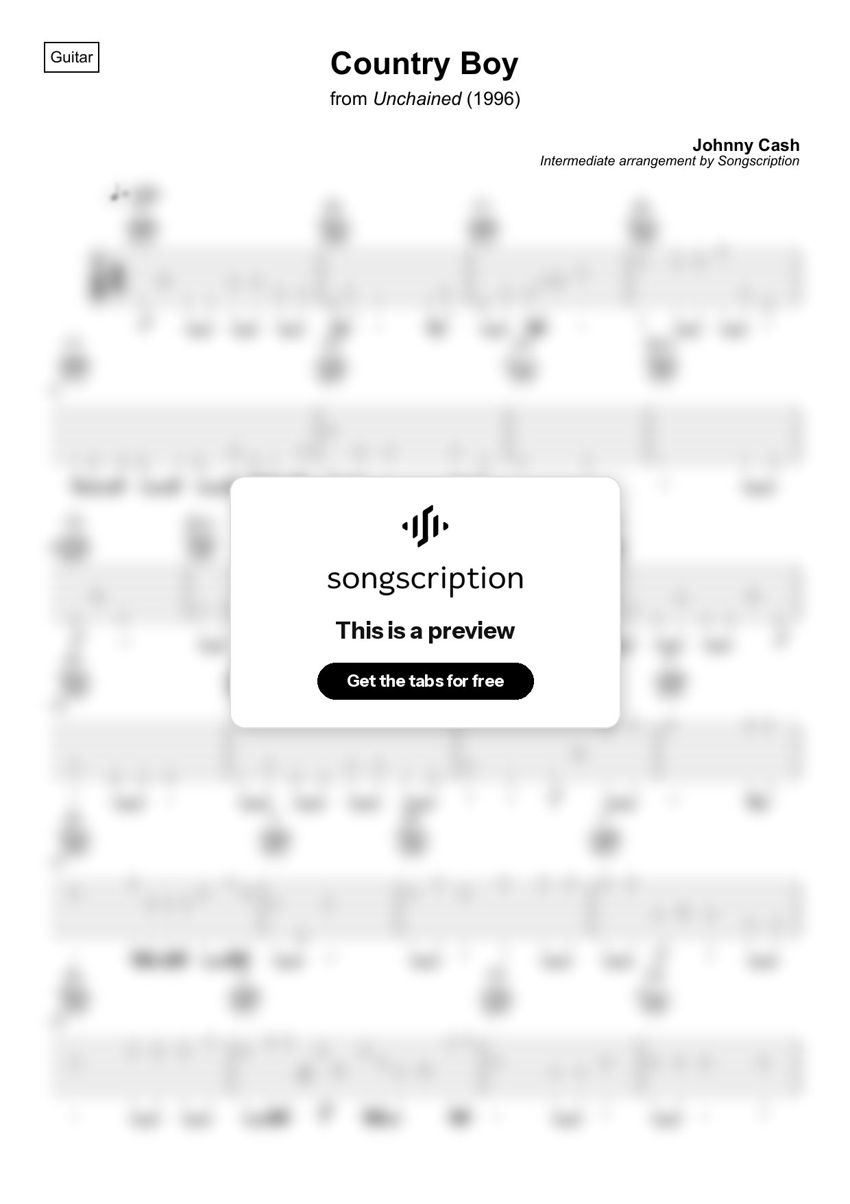 Intermediate Acoustic Guitar Tabs for "Country Boy" by Johnny Cash