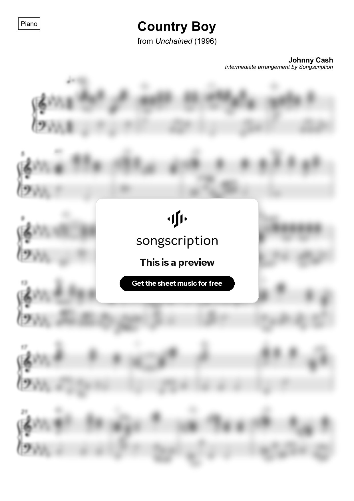 Intermediate Piano Sheet Music for "Country Boy" by Johnny Cash