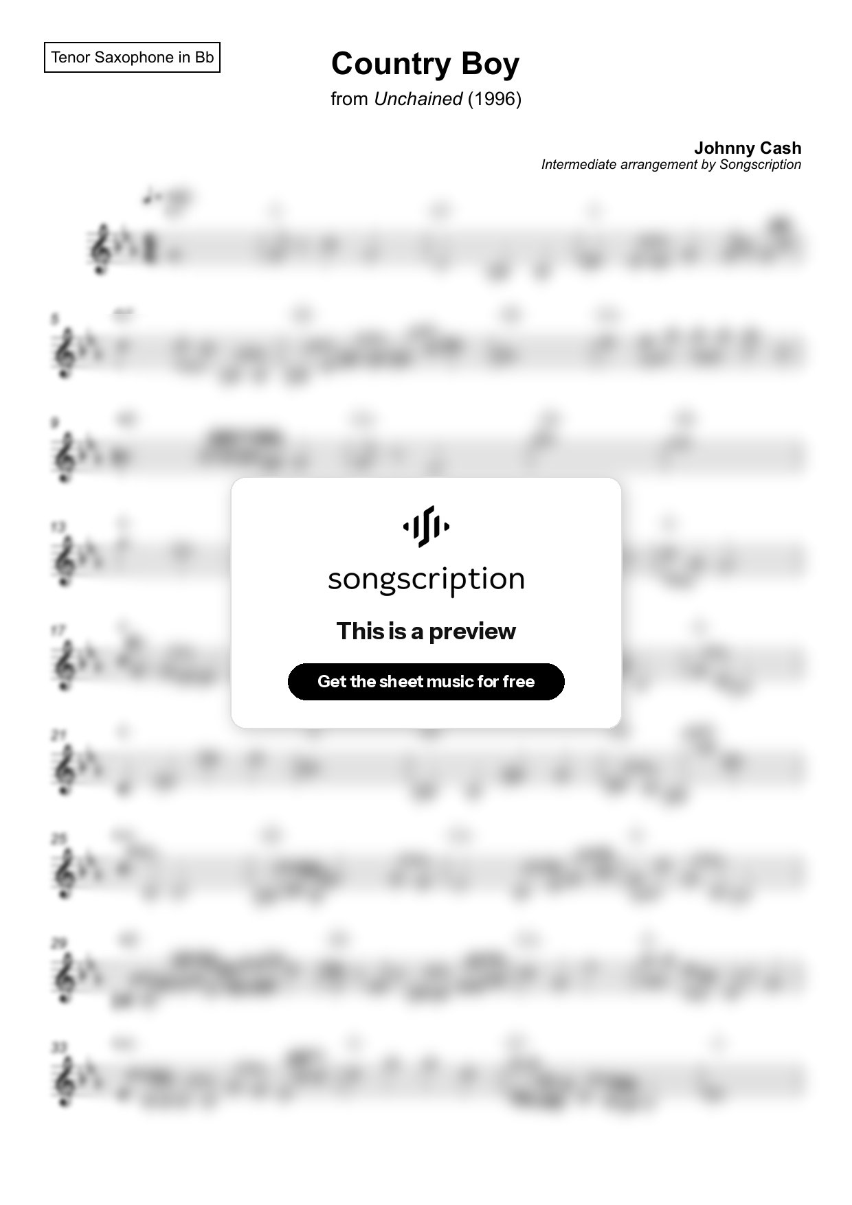 Intermediate Tenor Sax Sheet Music for "Country Boy" by Johnny Cash