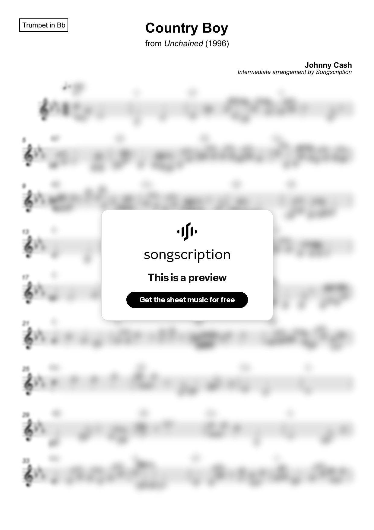 Intermediate Trumpet Sheet Music for "Country Boy" by Johnny Cash