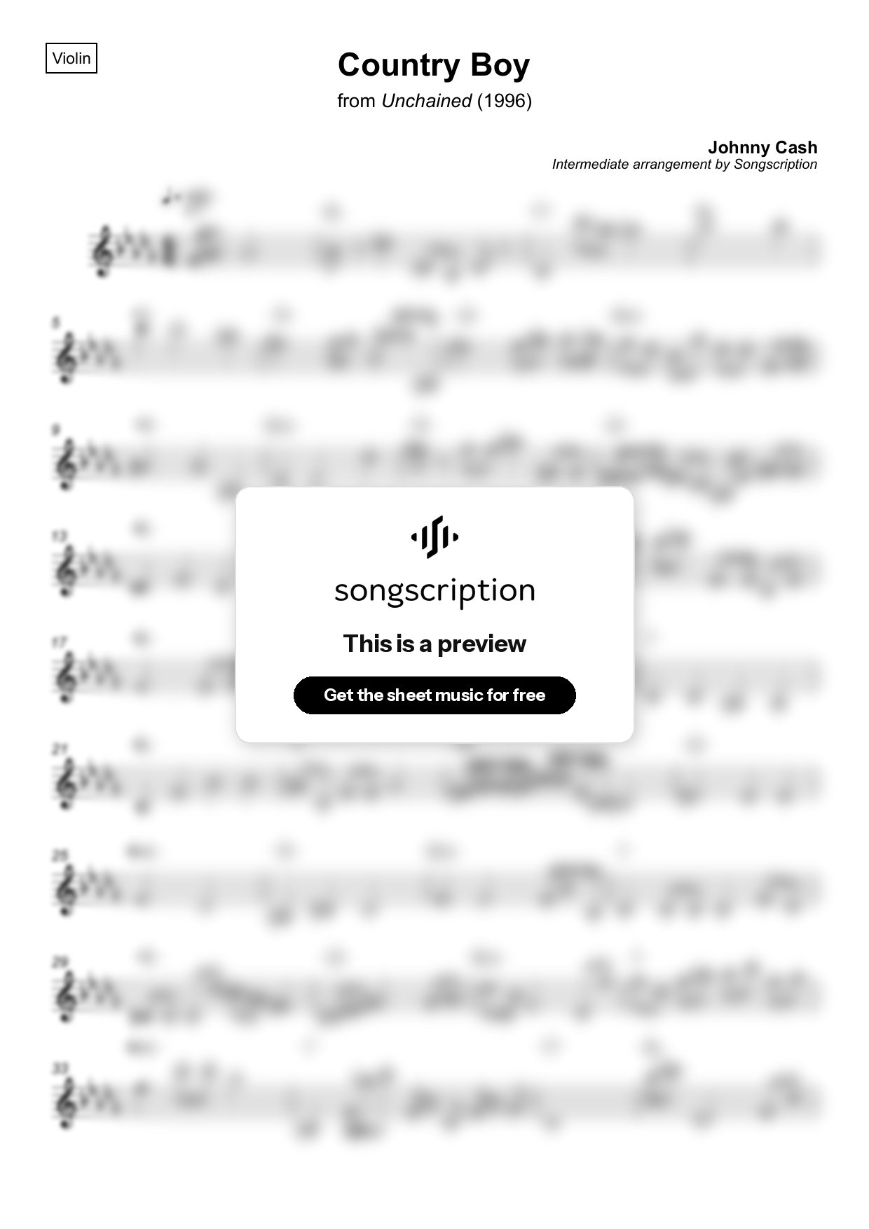 Intermediate Violin Sheet Music for "Country Boy" by Johnny Cash