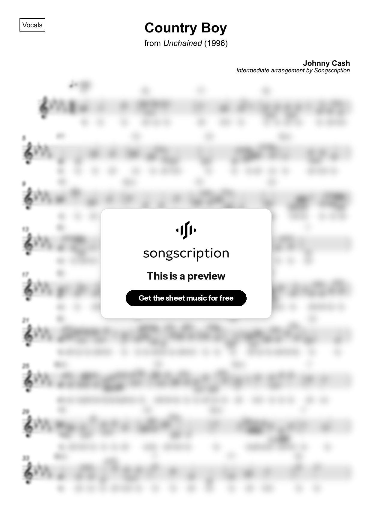 Intermediate Vocals Sheet Music for "Country Boy" by Johnny Cash
