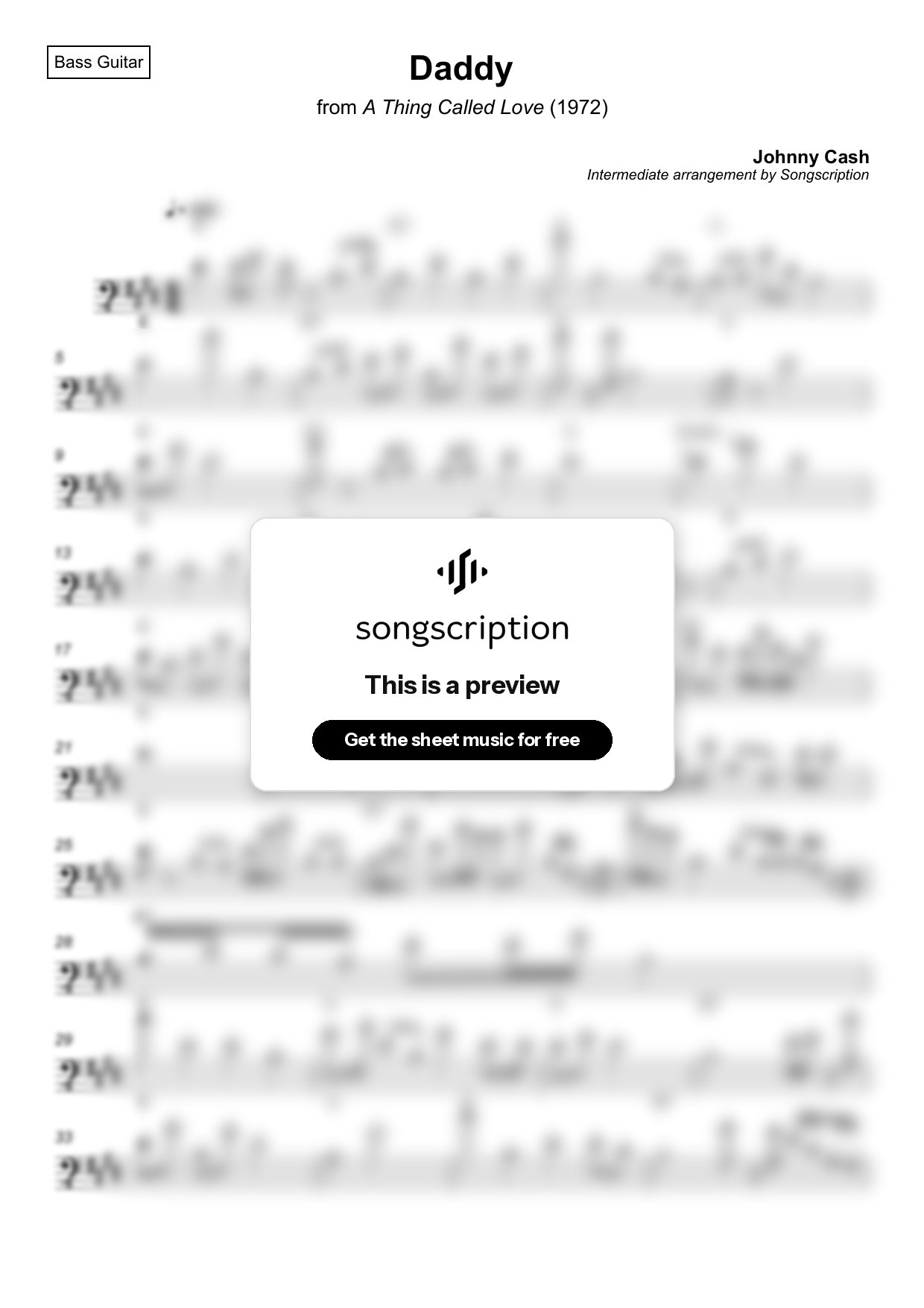 Intermediate Bass Guitar Sheet Music for "Daddy" by Johnny Cash