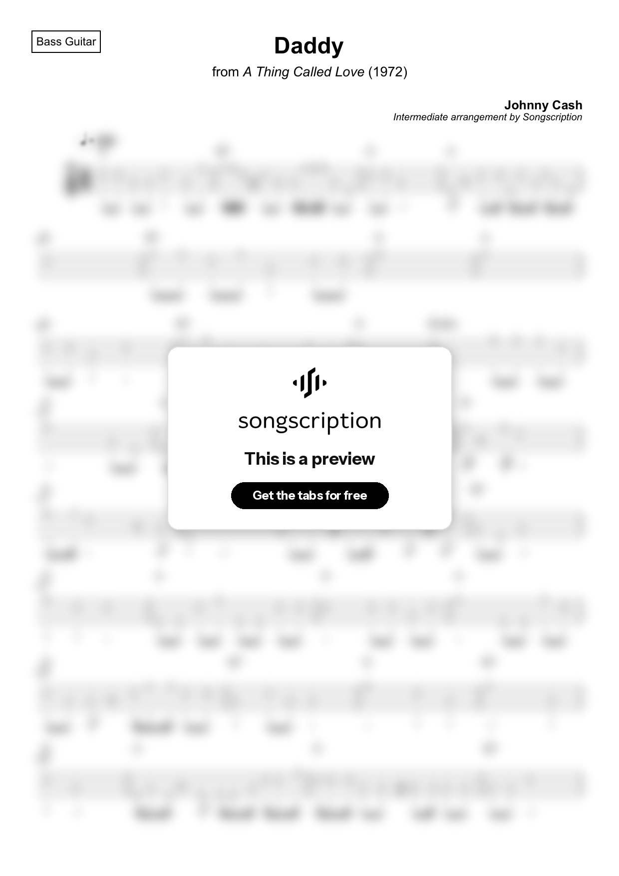 Intermediate Bass Guitar Tabs for "Daddy" by Johnny Cash