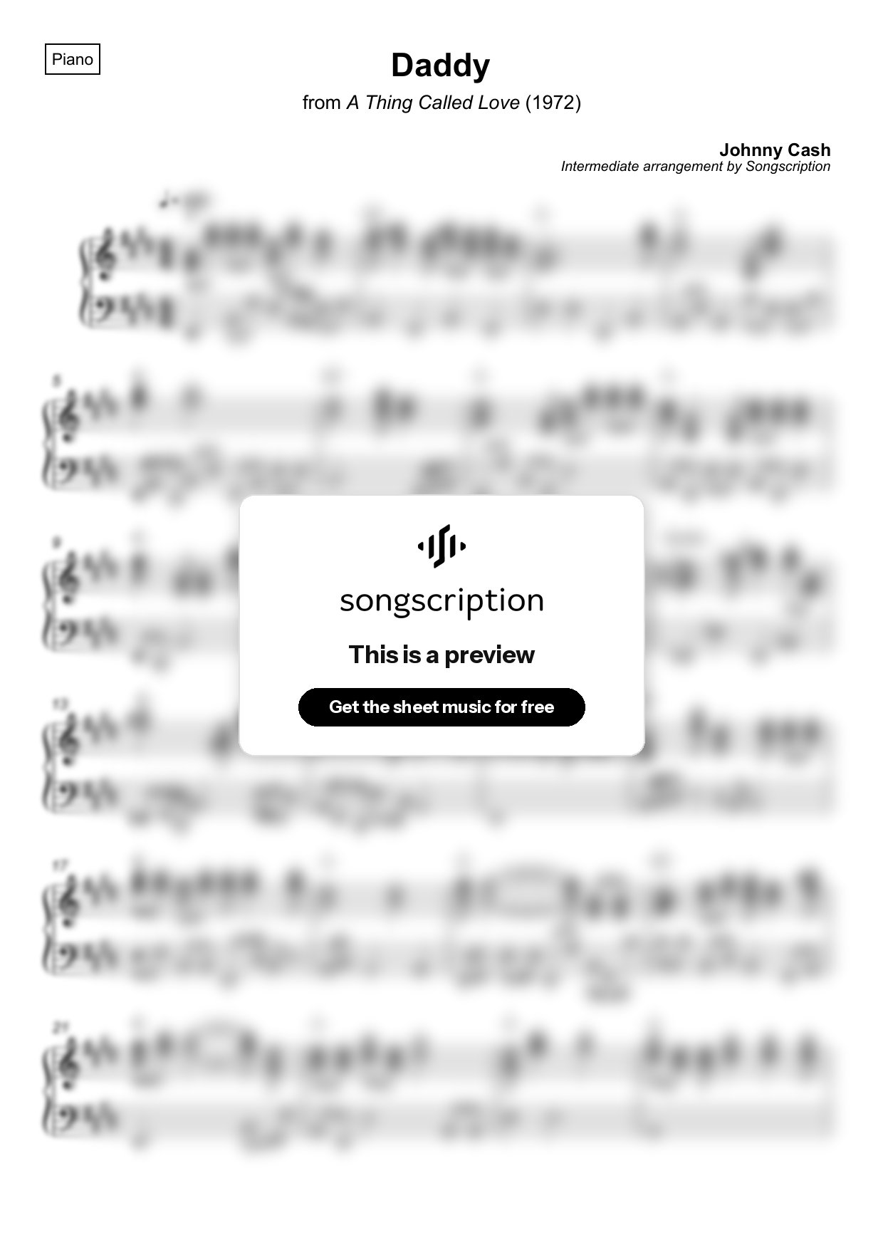 Intermediate Piano Sheet Music for "Daddy" by Johnny Cash