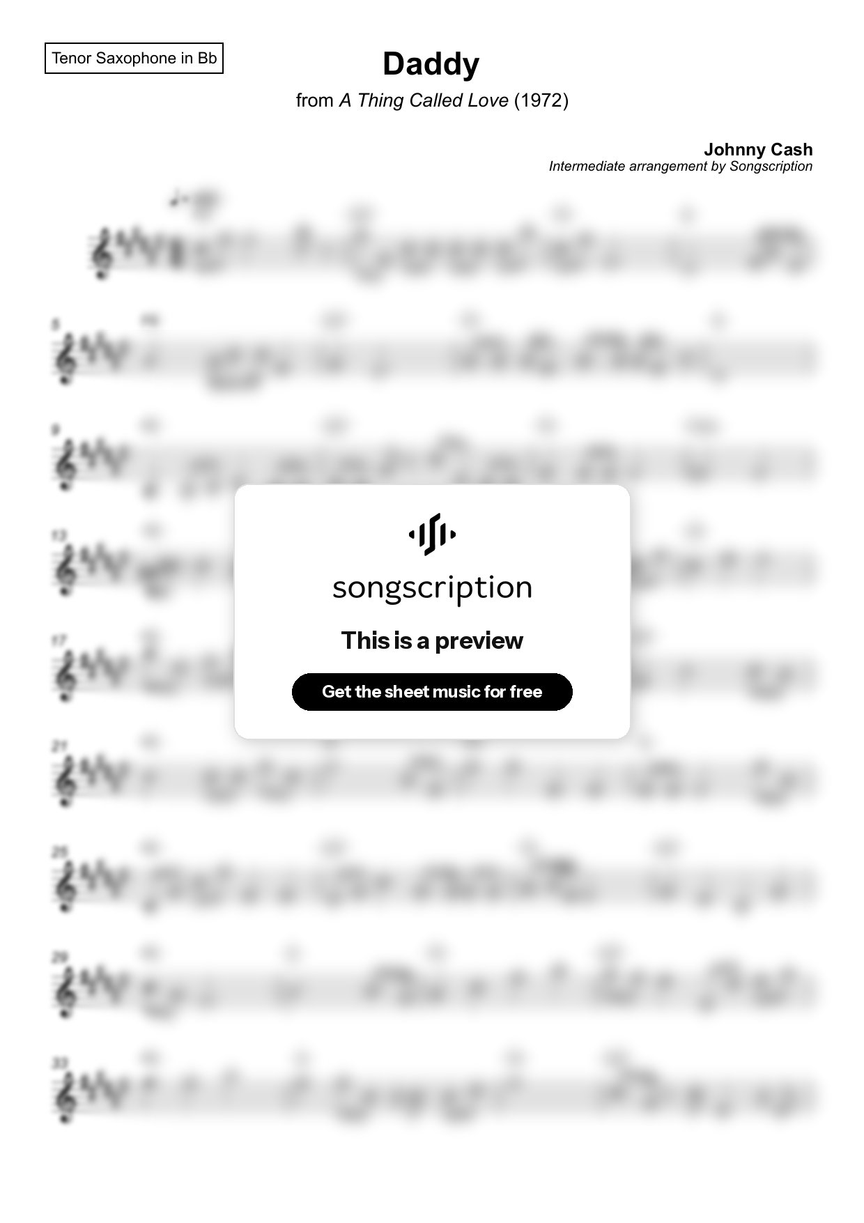 Intermediate Tenor Sax Sheet Music for "Daddy" by Johnny Cash