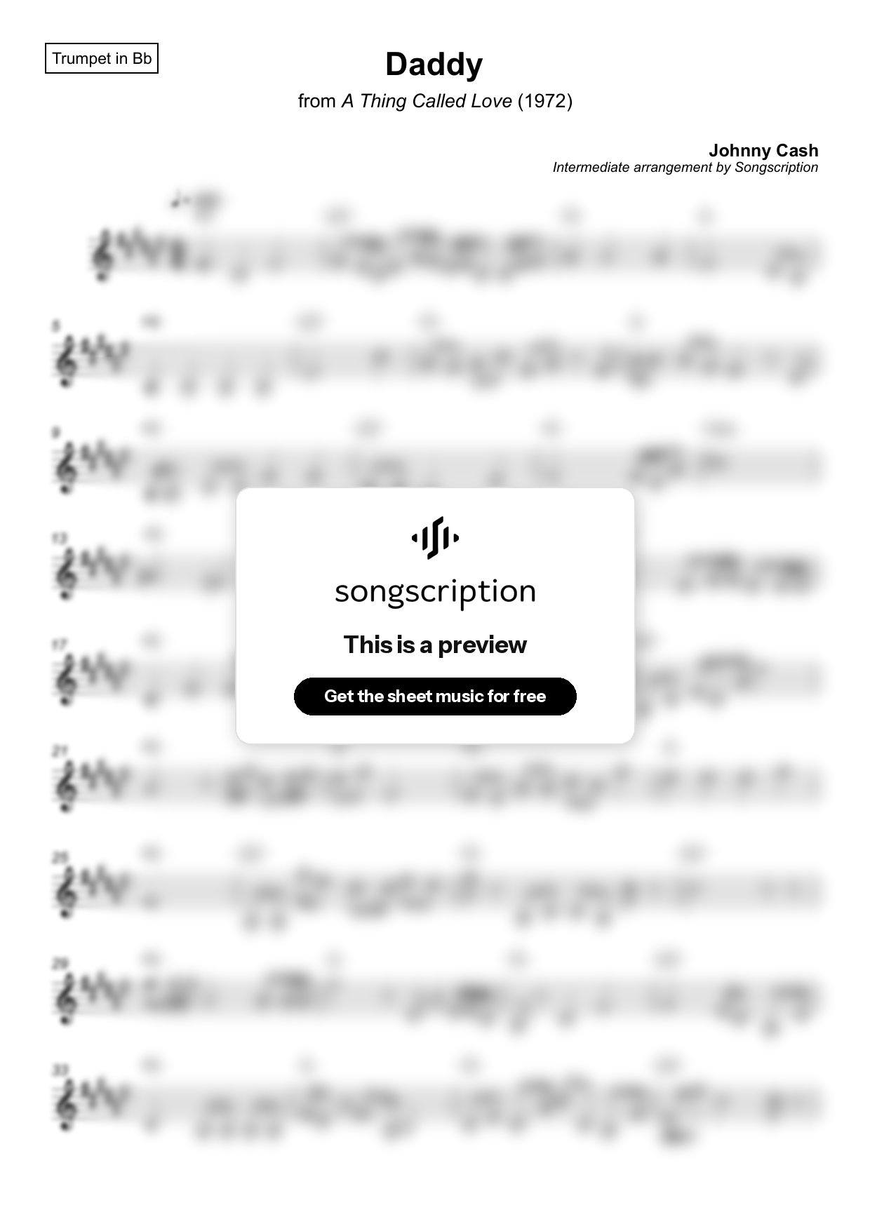 Intermediate Trumpet Sheet Music for "Daddy" by Johnny Cash