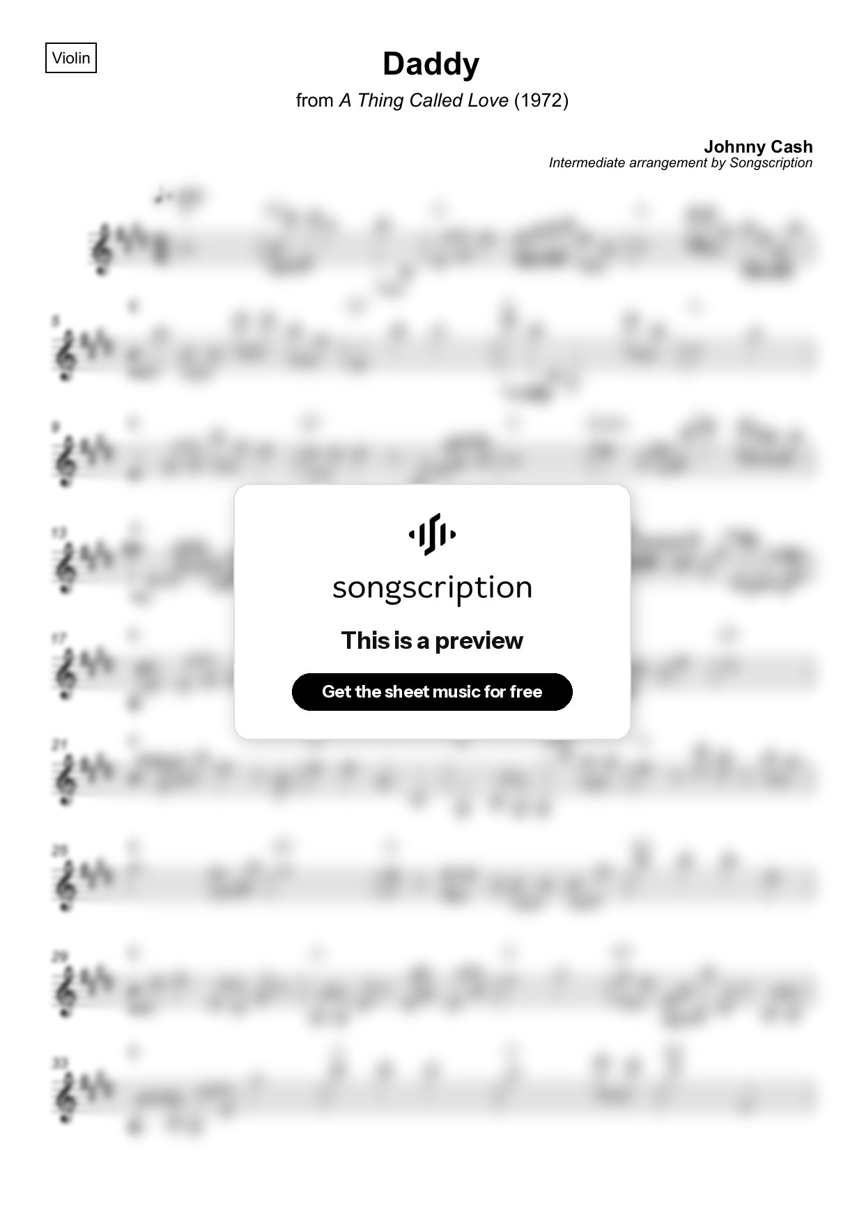 Intermediate Violin Sheet Music for "Daddy" by Johnny Cash