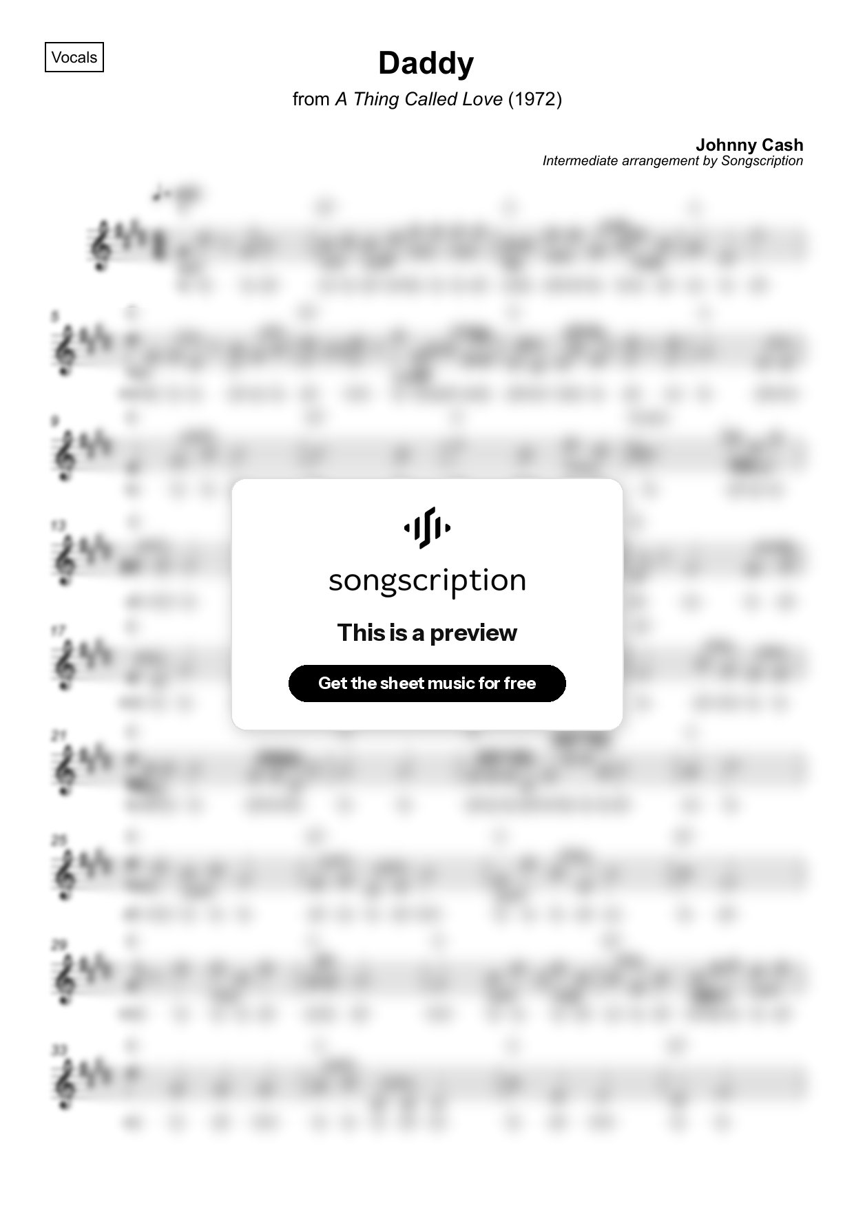 Intermediate Vocals Sheet Music for "Daddy" by Johnny Cash