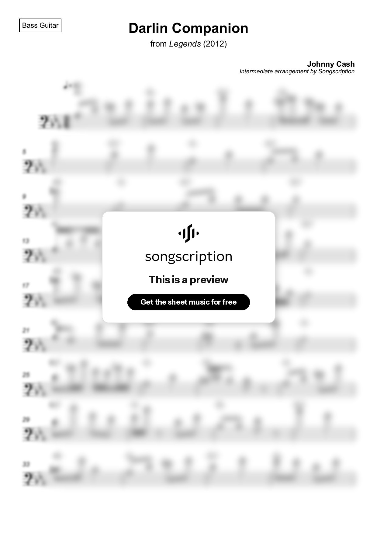 Intermediate Bass Guitar Sheet Music for "Darlin Companion" by Johnny Cash