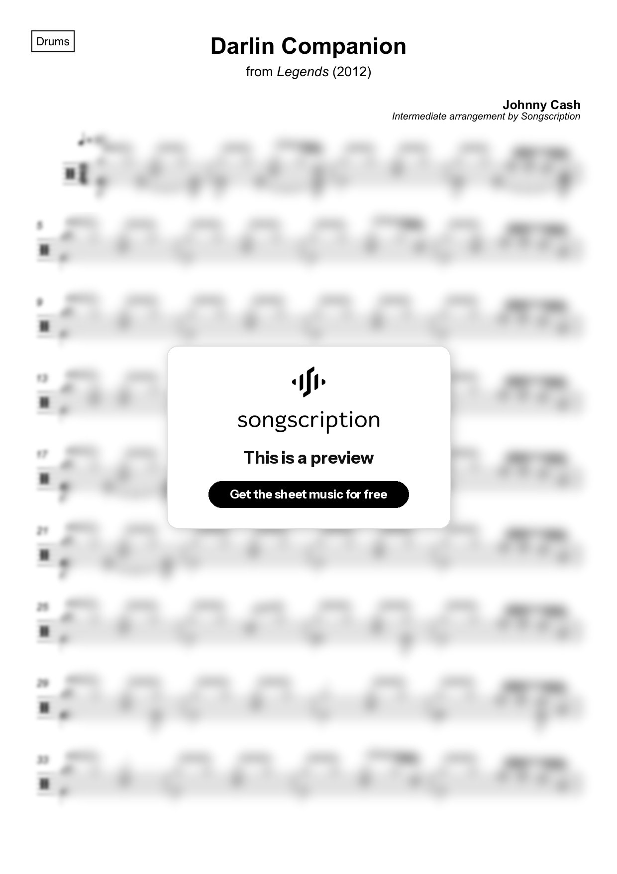 Intermediate Drums Sheet Music for "Darlin Companion" by Johnny Cash