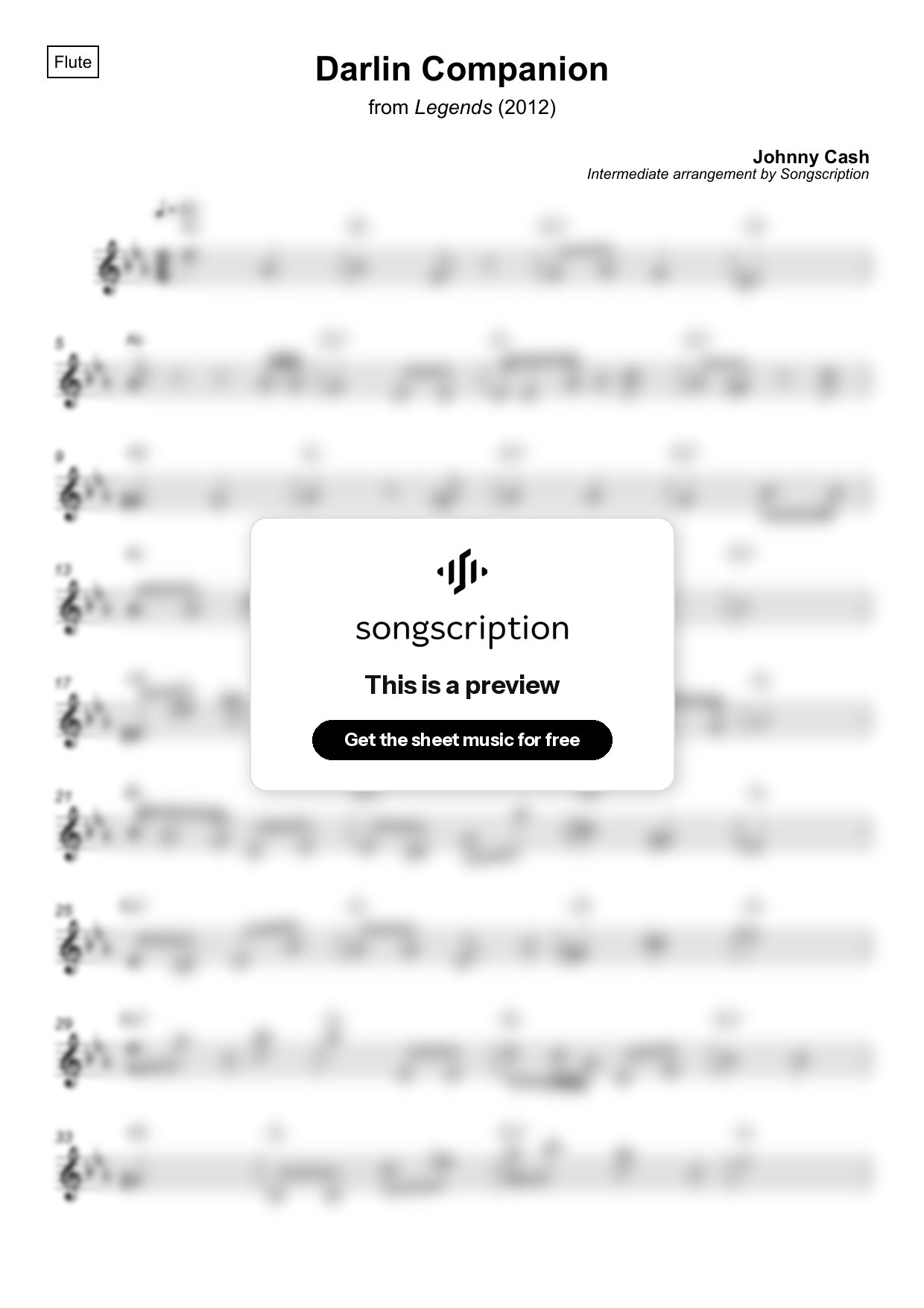 Intermediate Flute Sheet Music for "Darlin Companion" by Johnny Cash