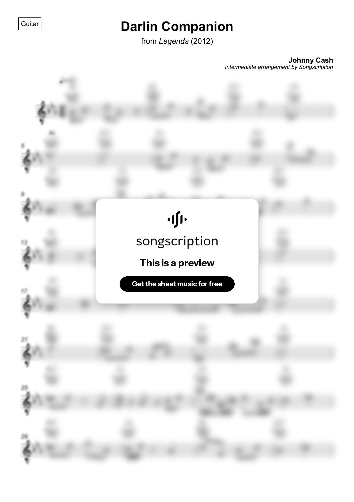 Intermediate Acoustic Guitar Sheet Music for "Darlin Companion" by Johnny Cash
