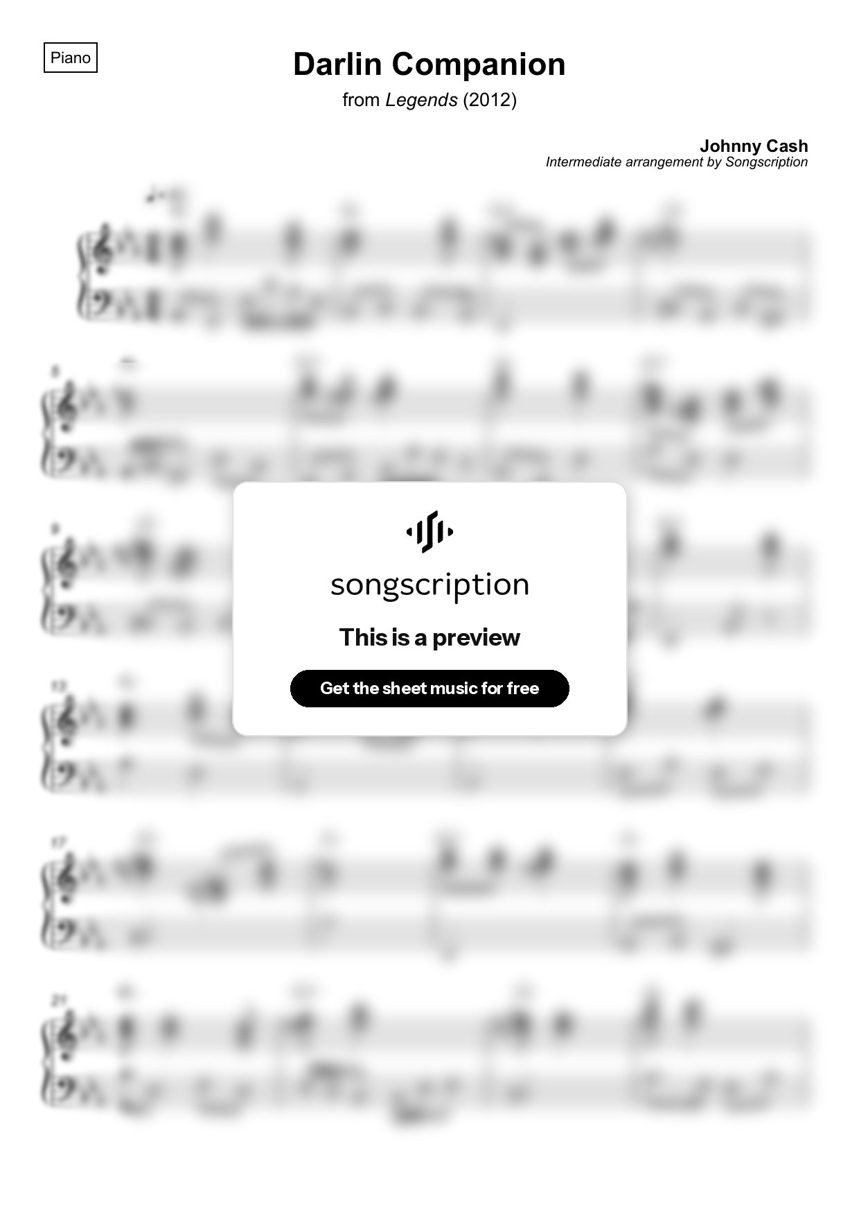 Intermediate Piano Sheet Music for "Darlin Companion" by Johnny Cash