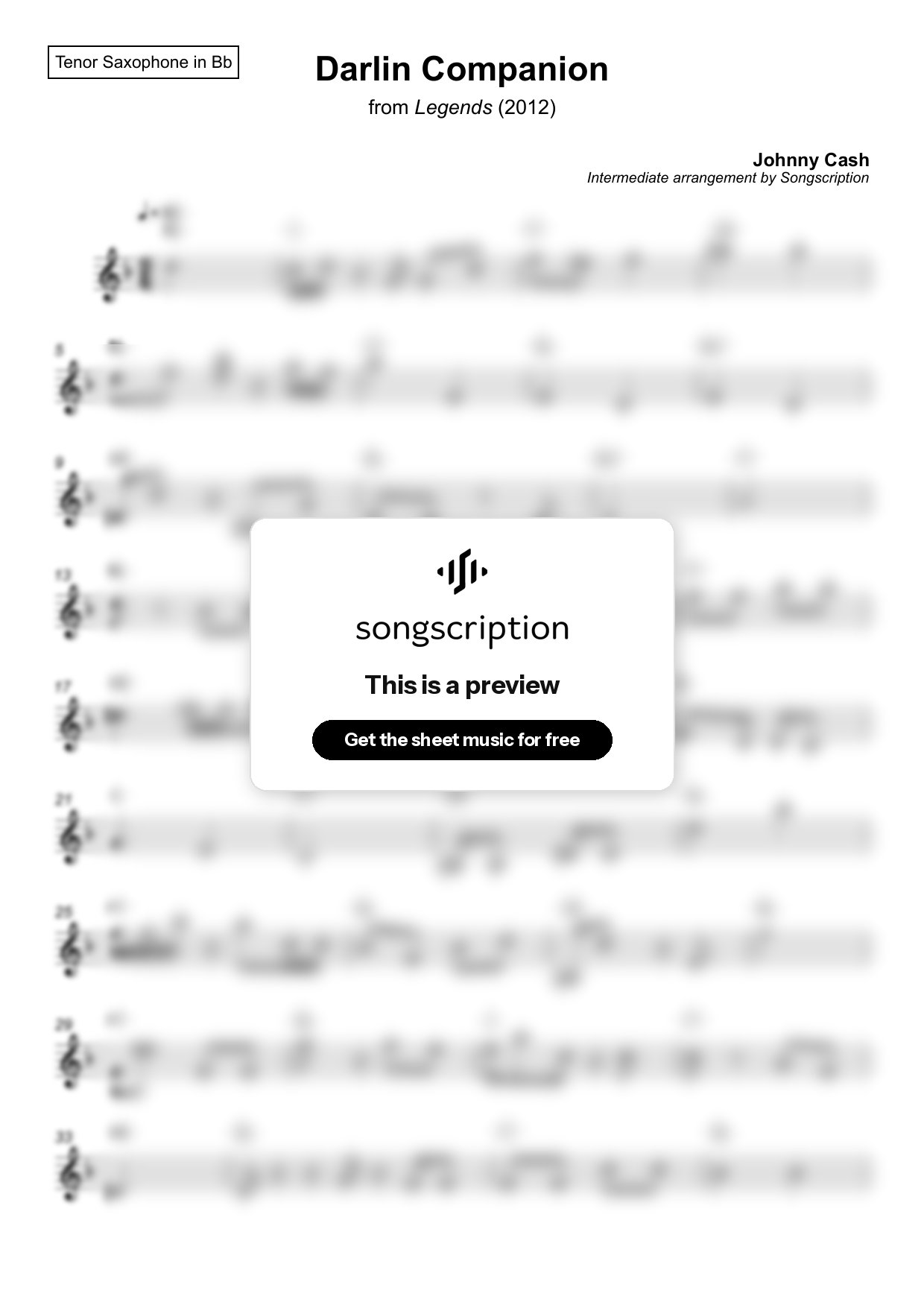Intermediate Tenor Sax Sheet Music for "Darlin Companion" by Johnny Cash