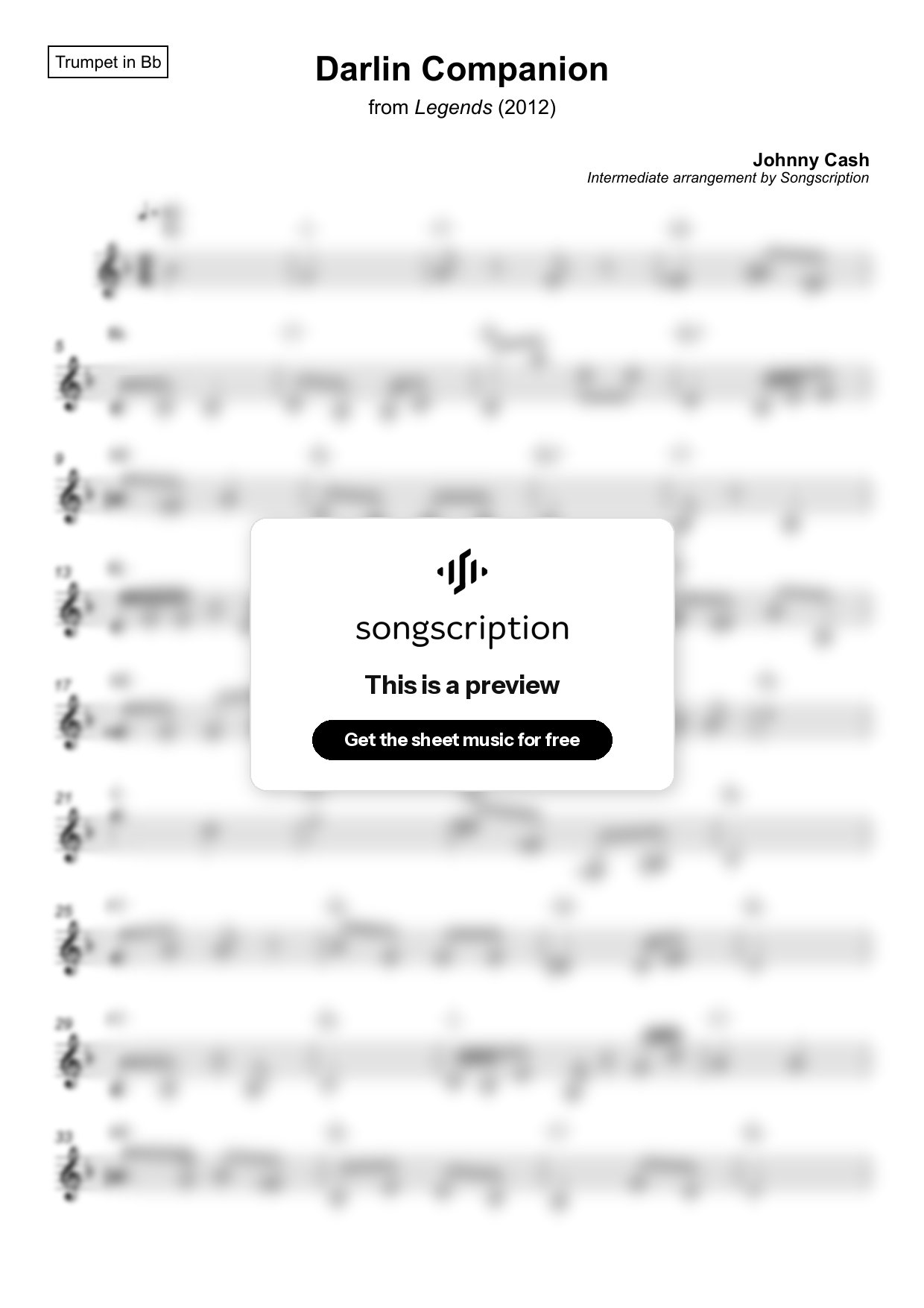 Intermediate Trumpet Sheet Music for "Darlin Companion" by Johnny Cash