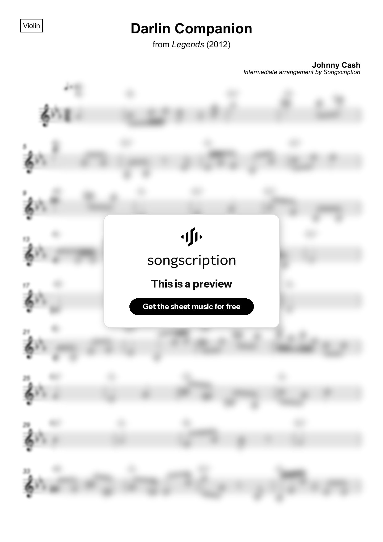 Intermediate Violin Sheet Music for "Darlin Companion" by Johnny Cash