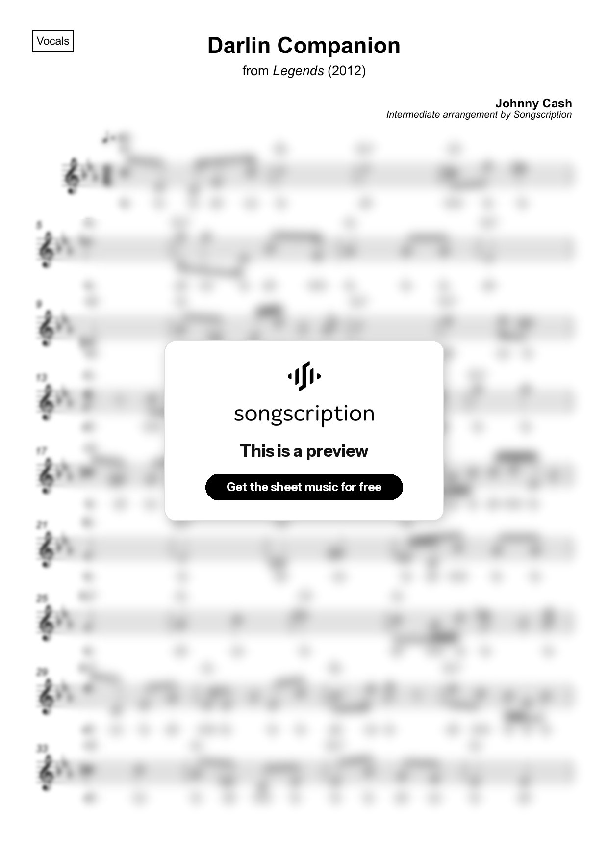 Intermediate Vocals Sheet Music for "Darlin Companion" by Johnny Cash