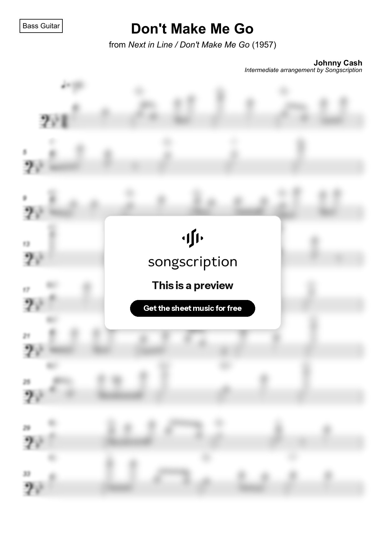 Intermediate Bass Guitar Sheet Music for "Don't Make Me Go" by Johnny Cash