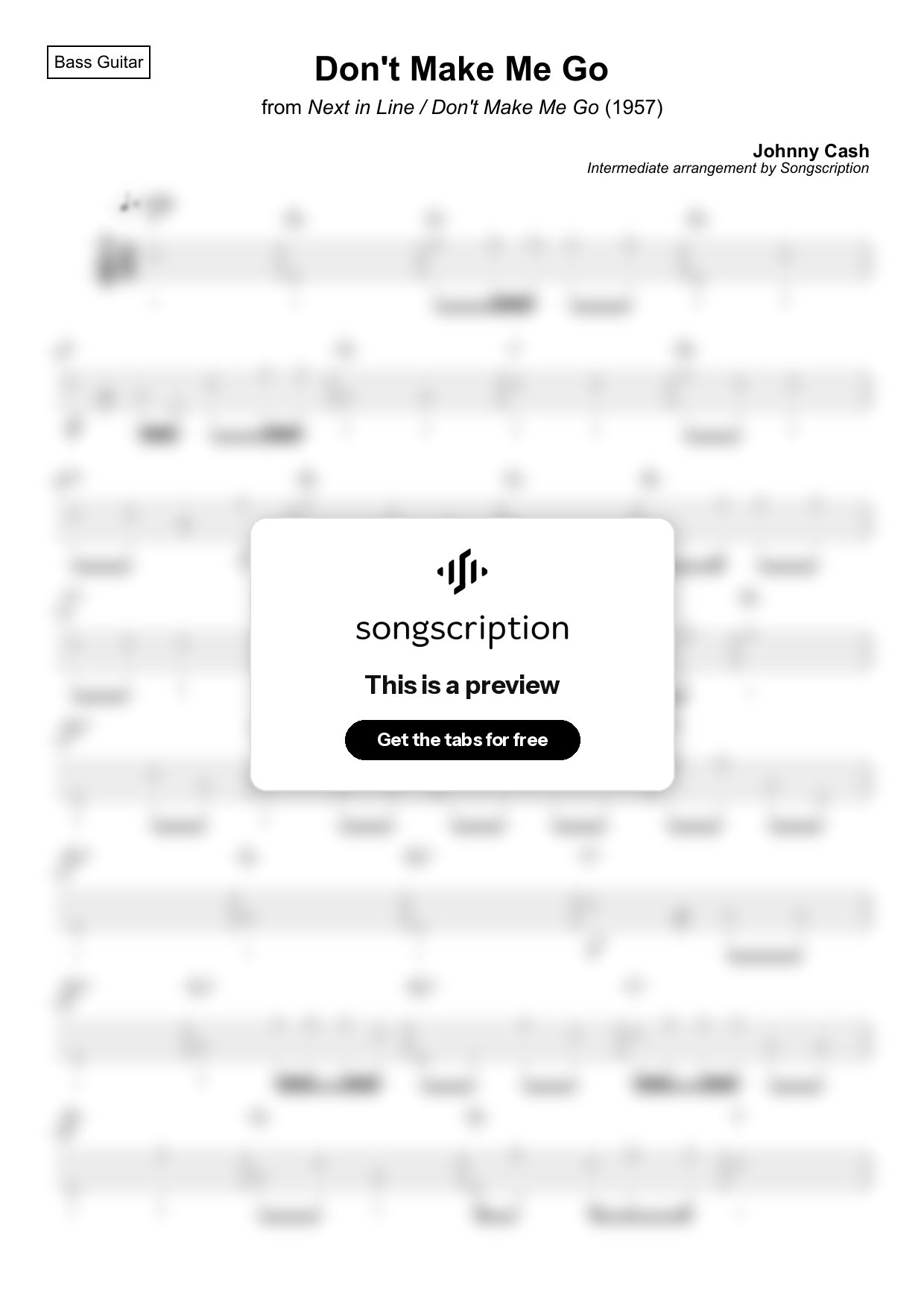 Intermediate Bass Guitar Tabs for "Don't Make Me Go" by Johnny Cash