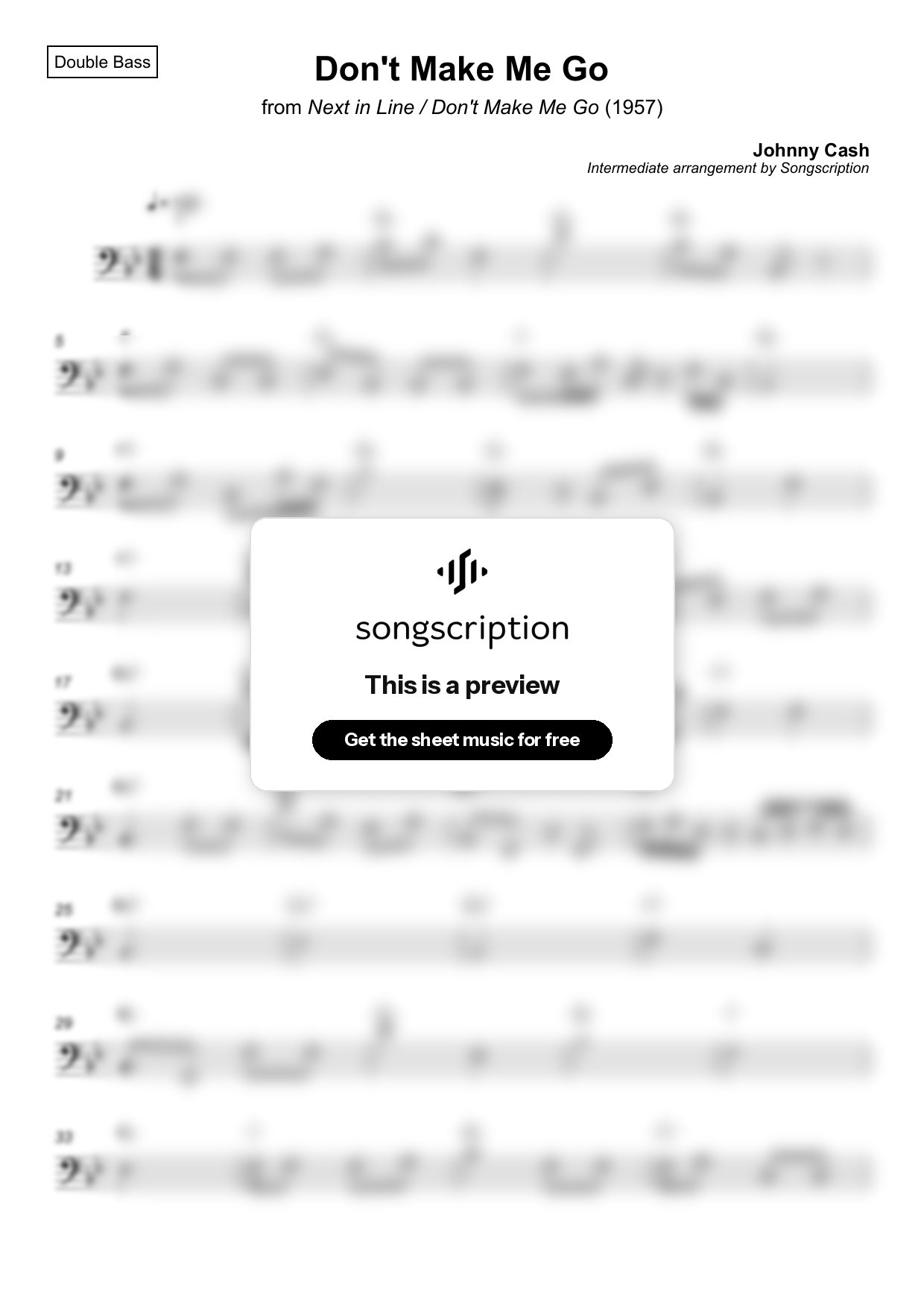 Intermediate Double Bass Sheet Music for "Don't Make Me Go" by Johnny Cash