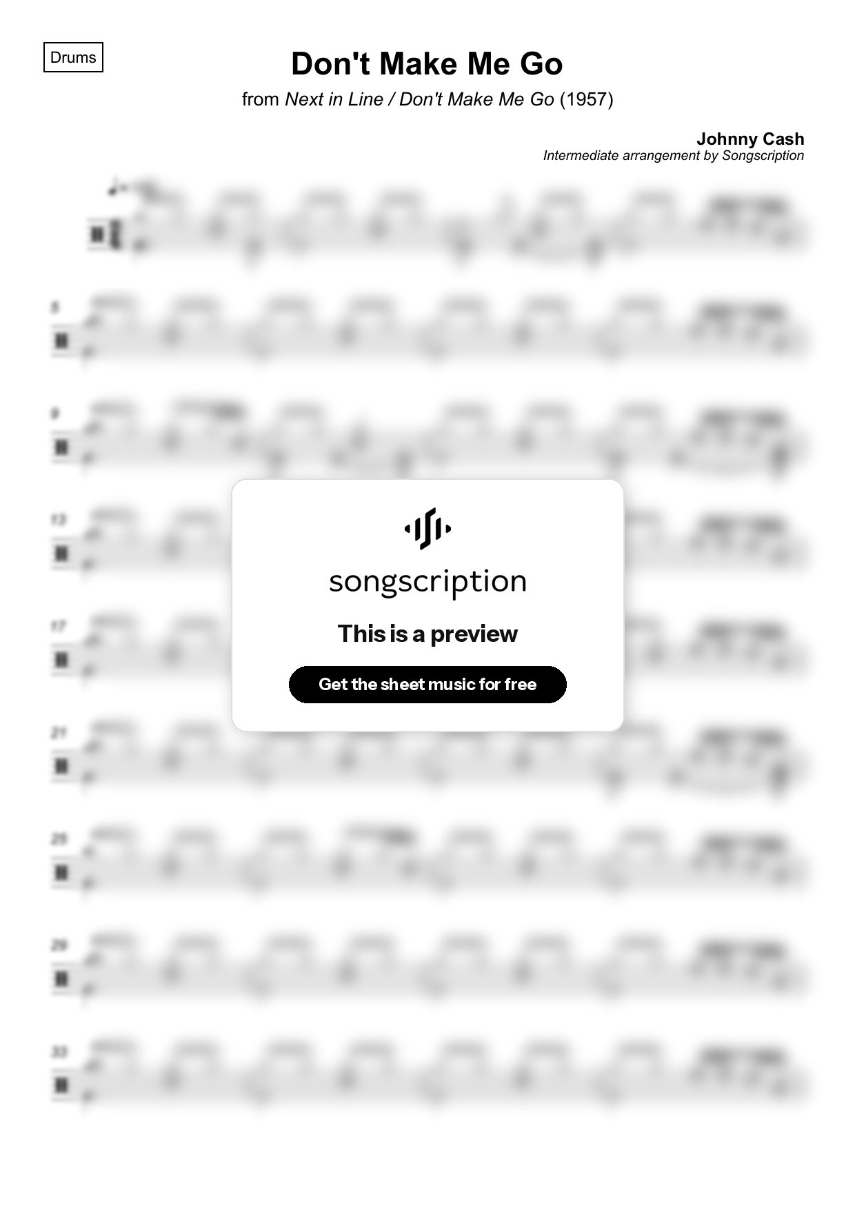 Intermediate Drums Sheet Music for "Don't Make Me Go" by Johnny Cash