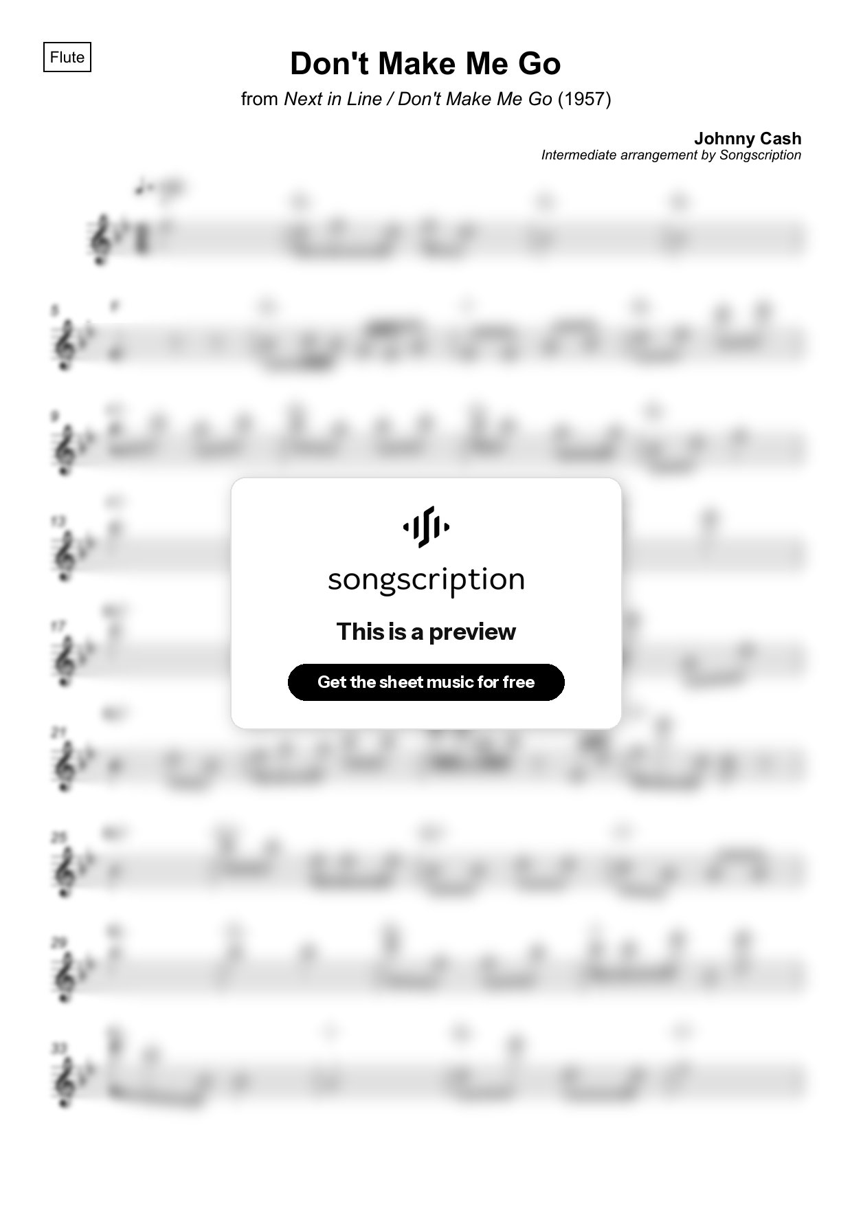 Intermediate Flute Sheet Music for "Don't Make Me Go" by Johnny Cash