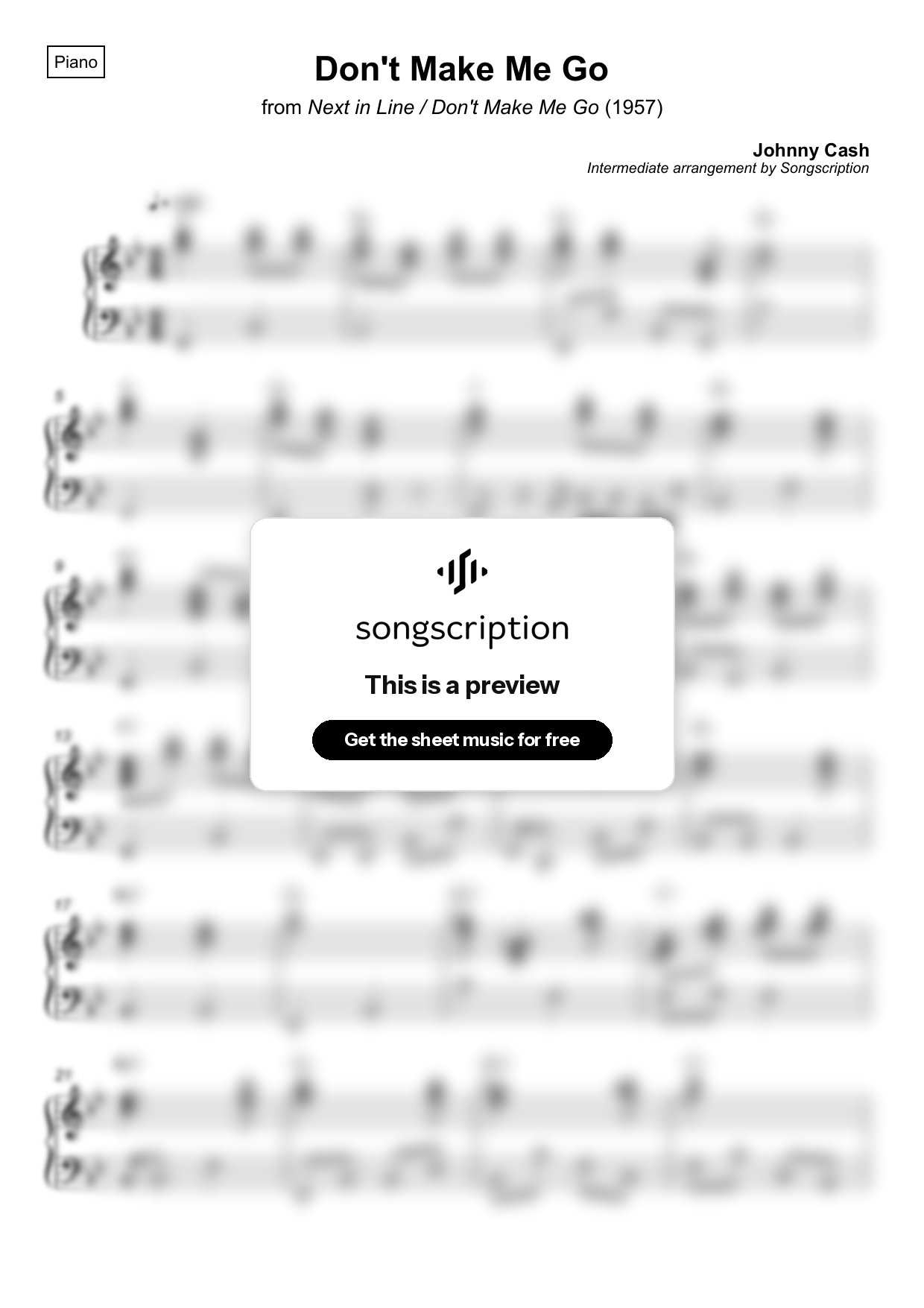 Intermediate Piano Sheet Music for "Don't Make Me Go" by Johnny Cash