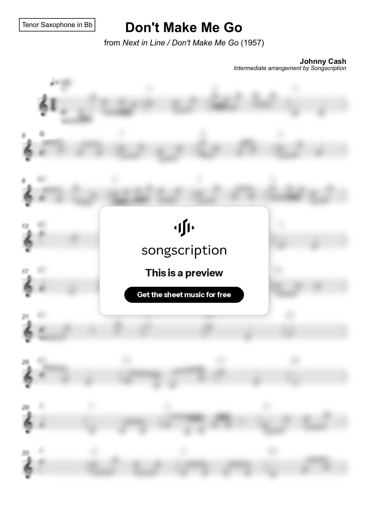Intermediate Tenor Sax Sheet Music for "Don't Make Me Go" by Johnny Cash