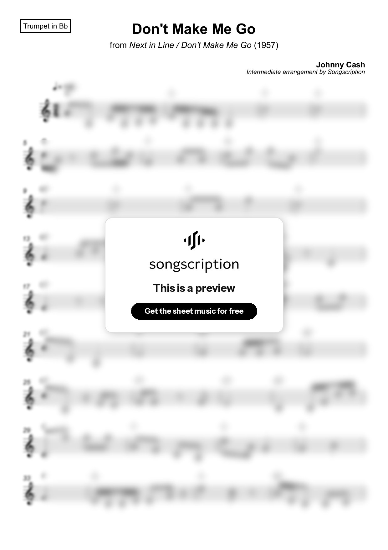Intermediate Trumpet Sheet Music for "Don't Make Me Go" by Johnny Cash