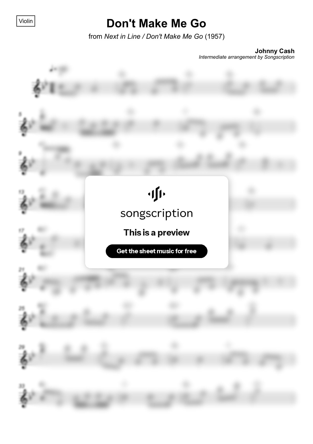 Intermediate Violin Sheet Music for "Don't Make Me Go" by Johnny Cash