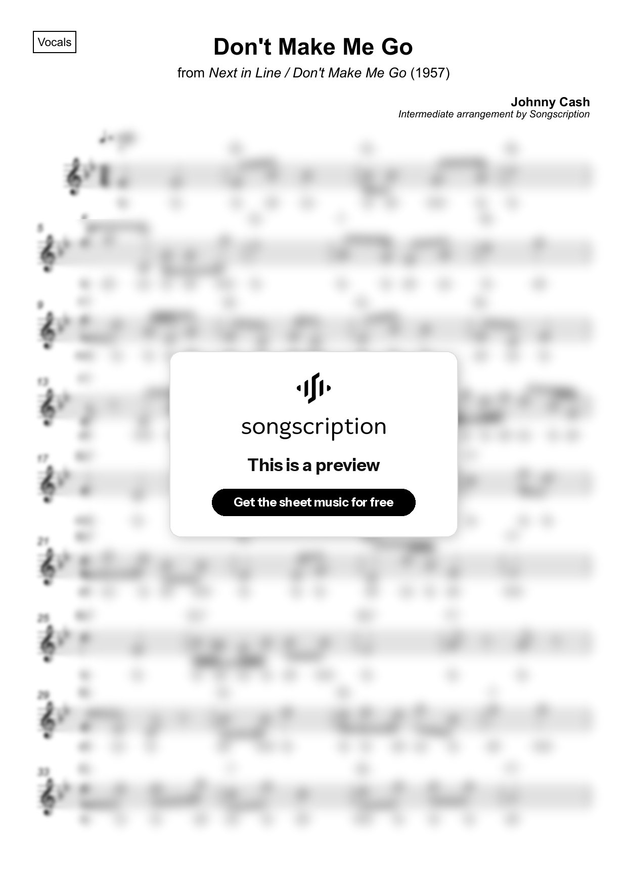 Intermediate Vocals Sheet Music for "Don't Make Me Go" by Johnny Cash