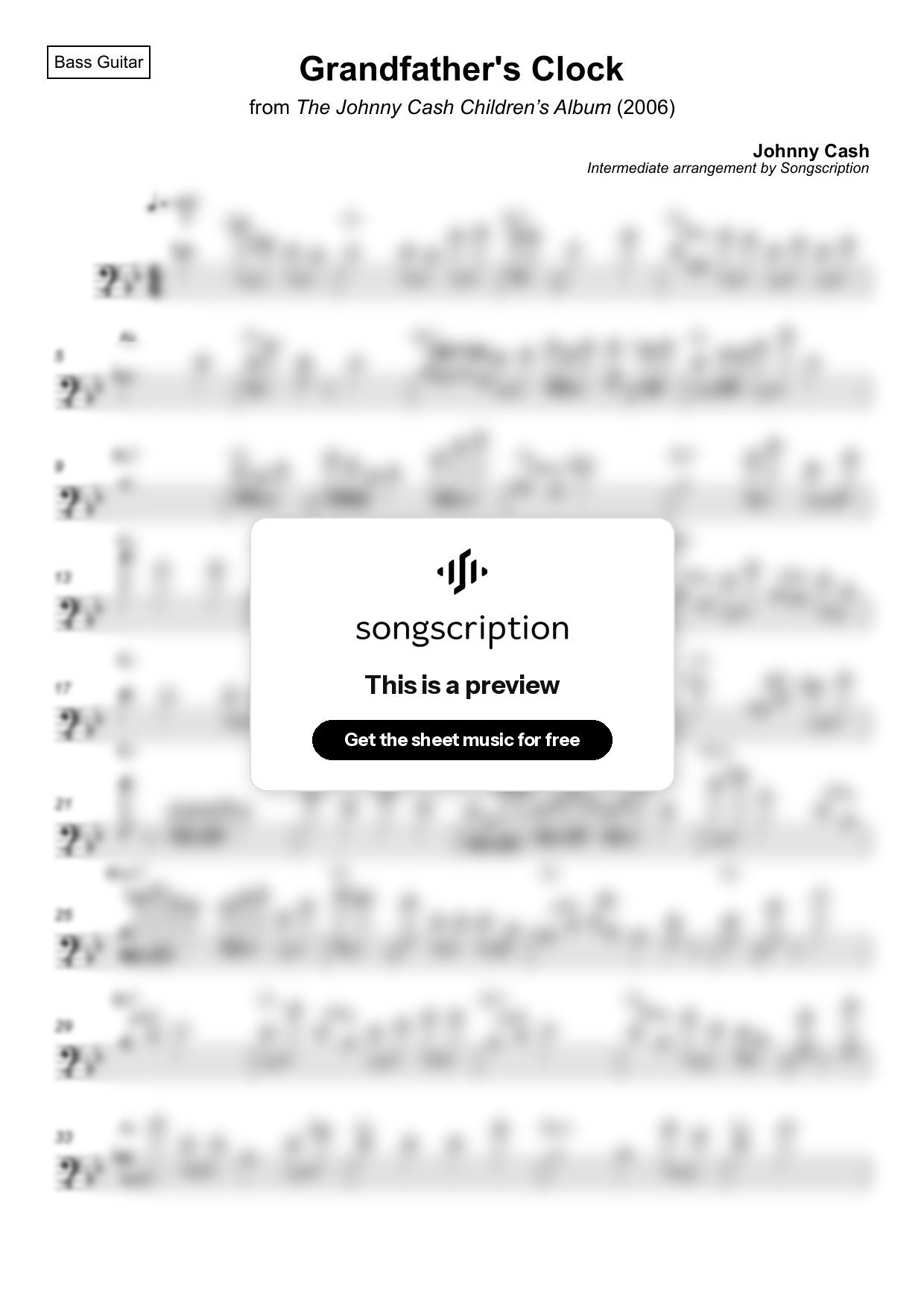 Intermediate Bass Guitar Sheet Music for "Grandfather's Clock" by Johnny Cash