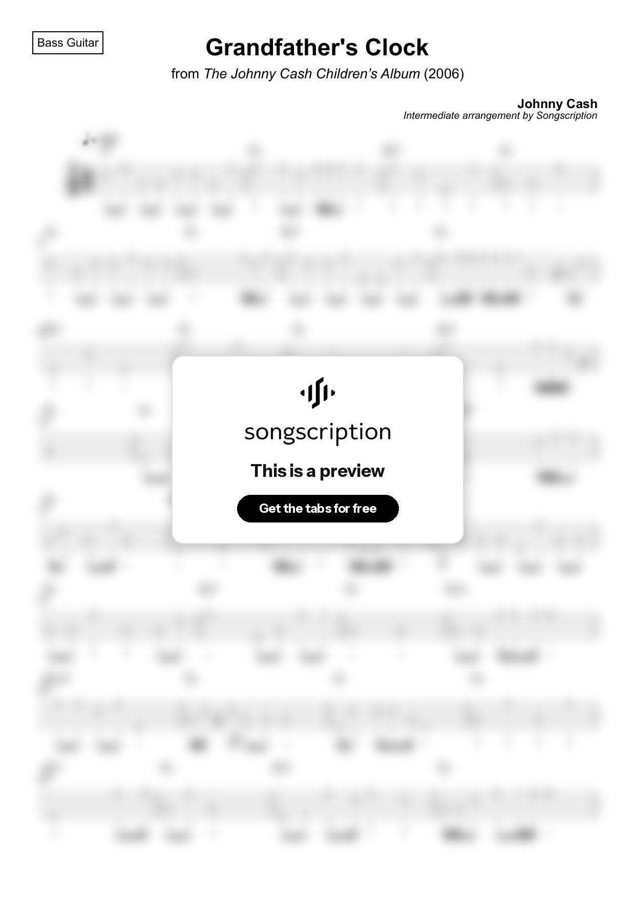 Intermediate Bass Guitar Tabs for "Grandfather's Clock" by Johnny Cash