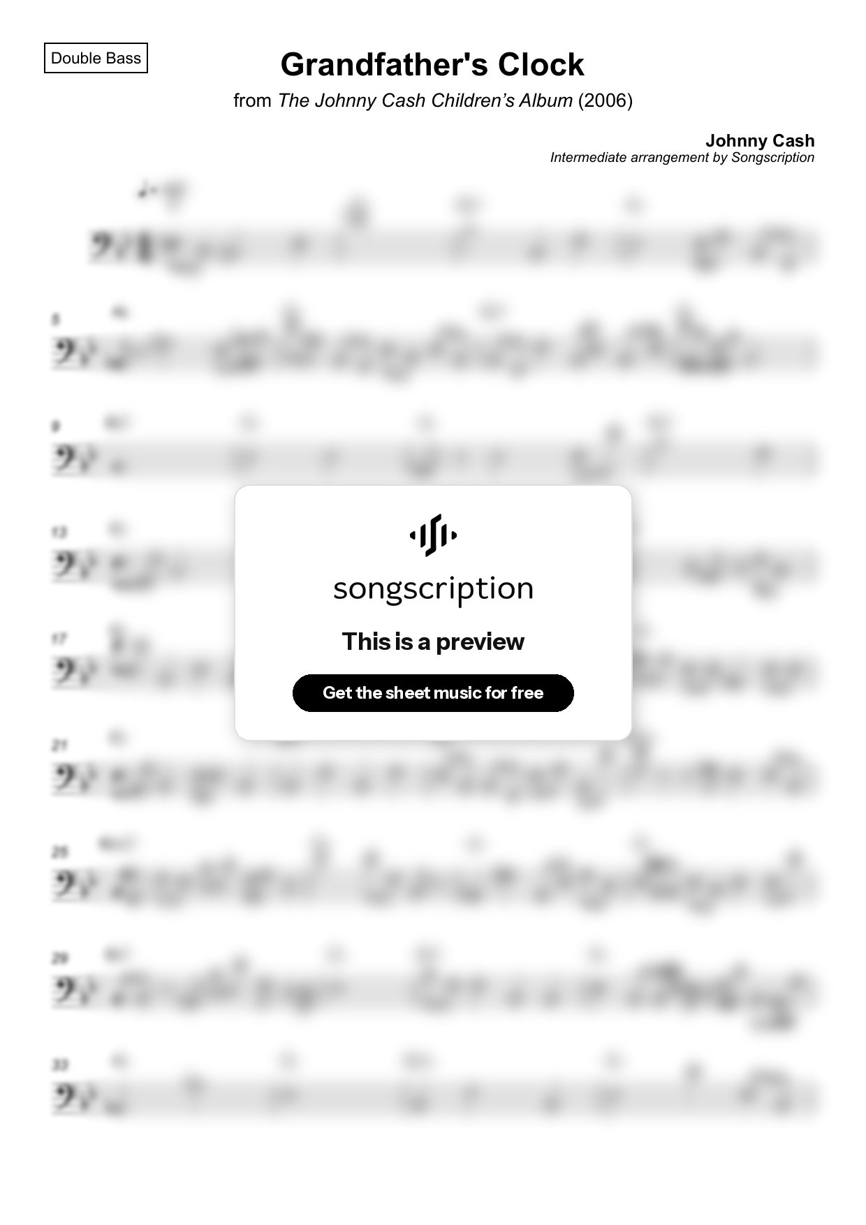 Intermediate Double Bass Sheet Music for "Grandfather's Clock" by Johnny Cash
