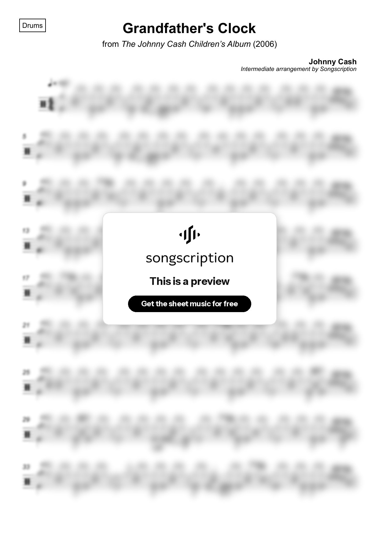 Intermediate Drums Sheet Music for "Grandfather's Clock" by Johnny Cash