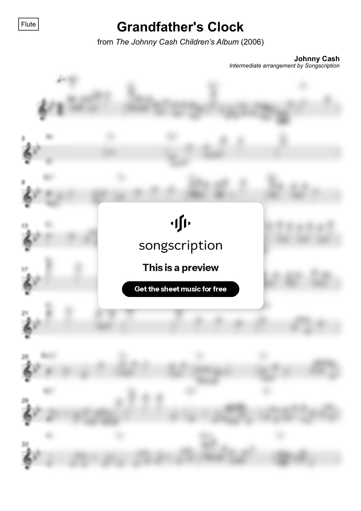 Intermediate Flute Sheet Music for "Grandfather's Clock" by Johnny Cash