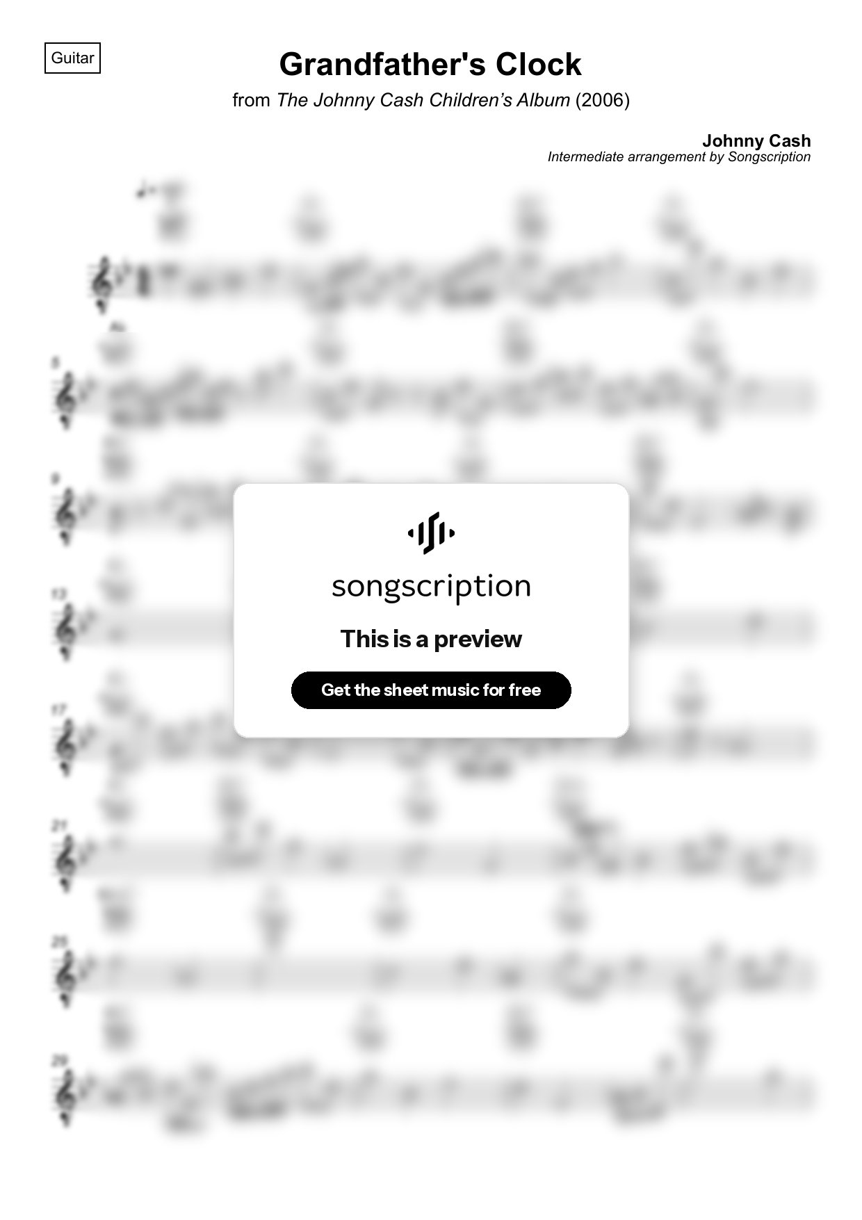 Intermediate Acoustic Guitar Sheet Music for "Grandfather's Clock" by Johnny Cash